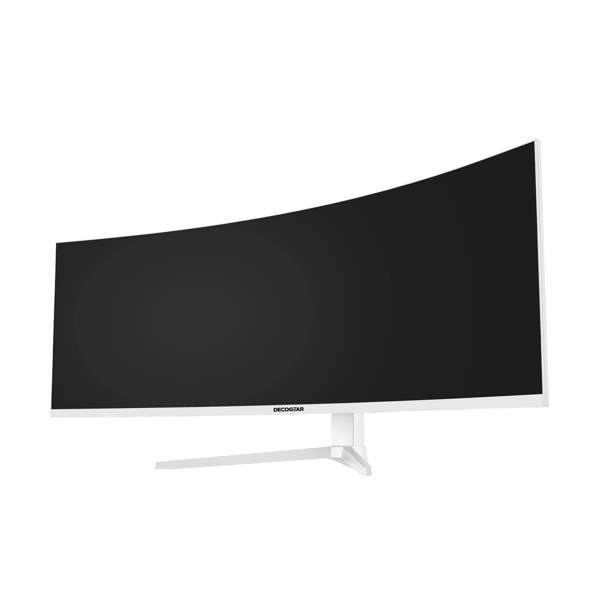 Angle. Deco Gear - 49" 5K DQHD Curved Ultrawide Monitor with 65W USB-C, HDR, 120Hz, 1 ms MPRT - White.