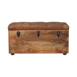 Artisan Furniture - Solid Wood Buffalo Hide Oak-ish Storage Trunk, Upholstered - Brown