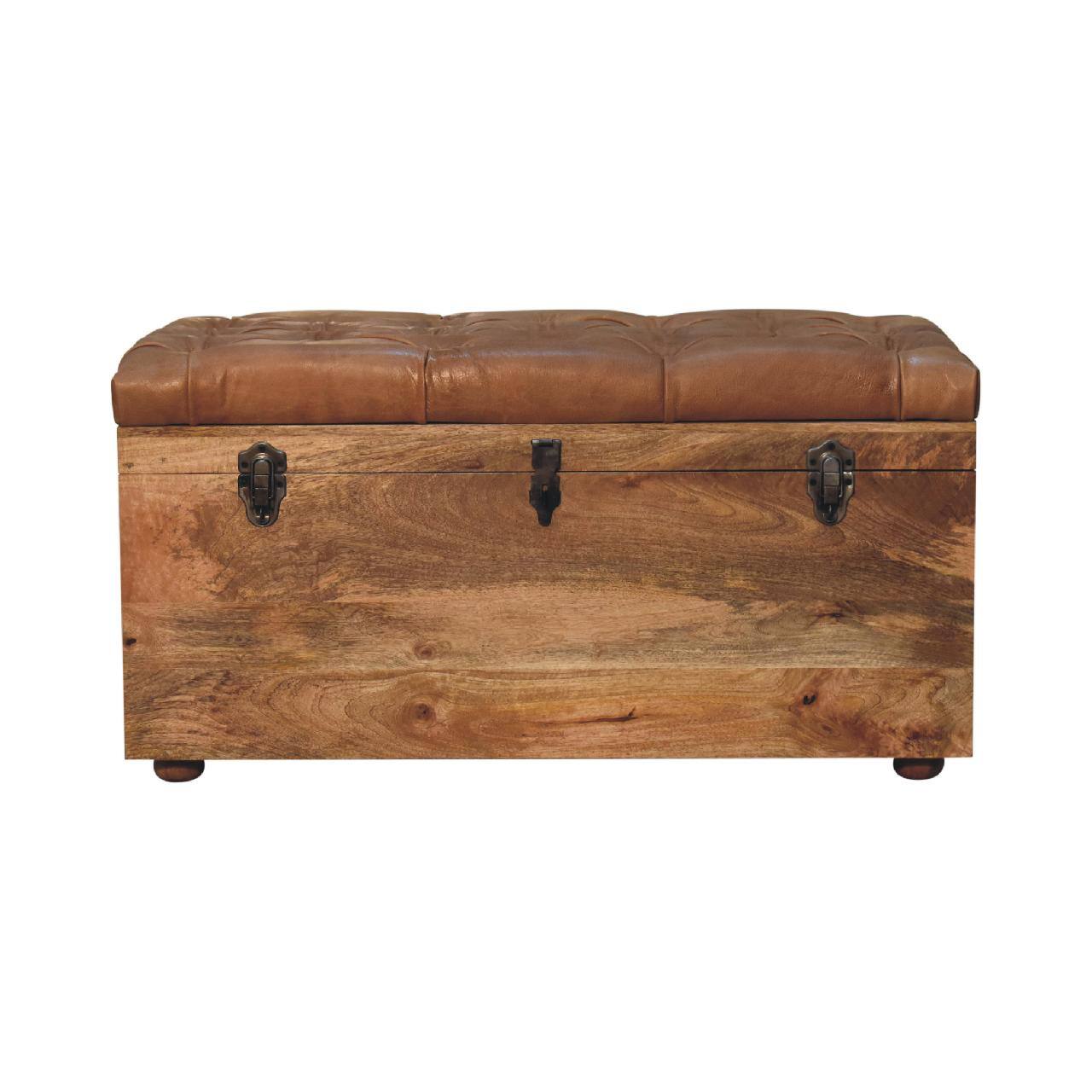 Front. Artisan Furniture - Artisan Furniture Solid Wood Buffalo Hide Oak-ish Storage Trunk, Upholstered, Brown - Brown.