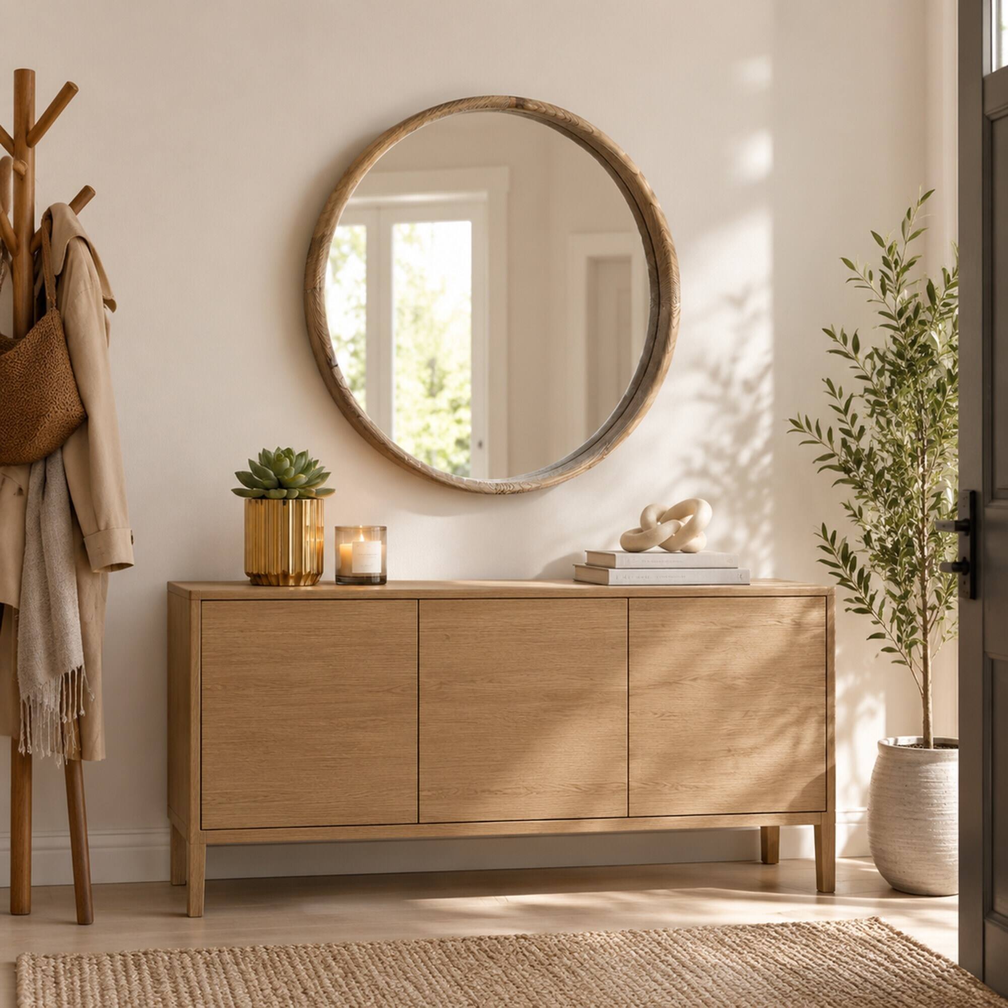 RYHNUYNE 27.5 in Round Wood Framed Wall Mirror, Fir Wood, Finish ...