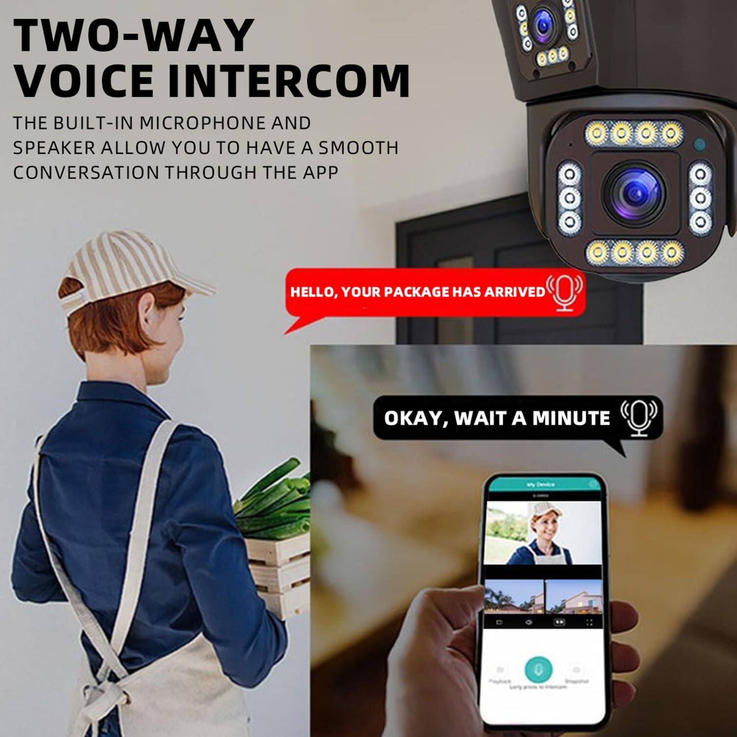 TWO-WAY VOICE INTERCOM

THE BUILT-IN MICROPHONE AND SPEAKER ALLOW YOU TO HAVE A SMOOTH CONVERSATION THROUGH THE APP

HELLO, YOUR PACKAGE HAS ARRIVED

OKAY, WAIT A MINUTE