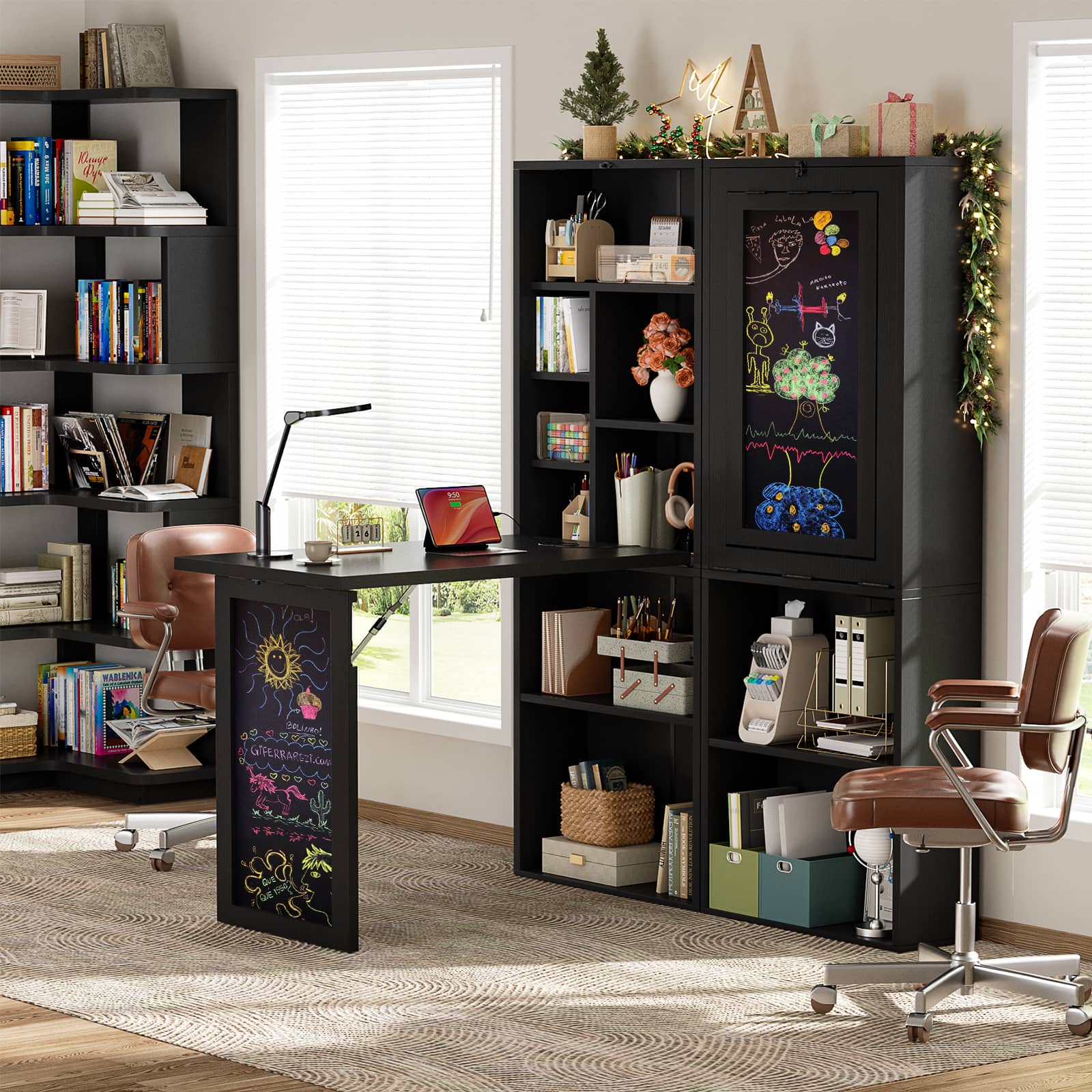 Aheaplus - Foldable Compact Desk: Built-in Outlets & Blackboard, Space-Saving Workstation for Home Office/Craft Room - Black