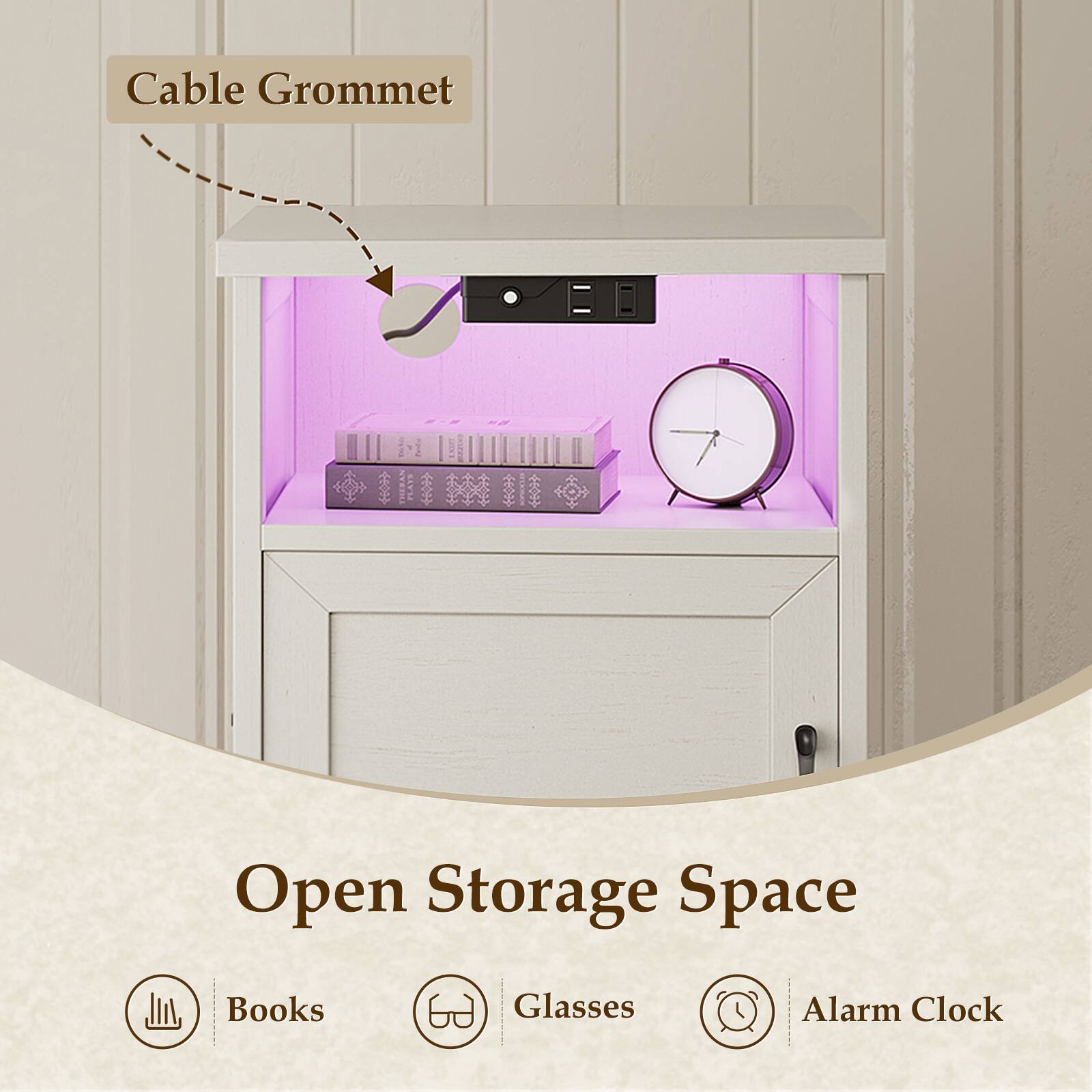 Cable Grommet  
Open Storage Space  
Books  
Glasses  
Alarm Clock
