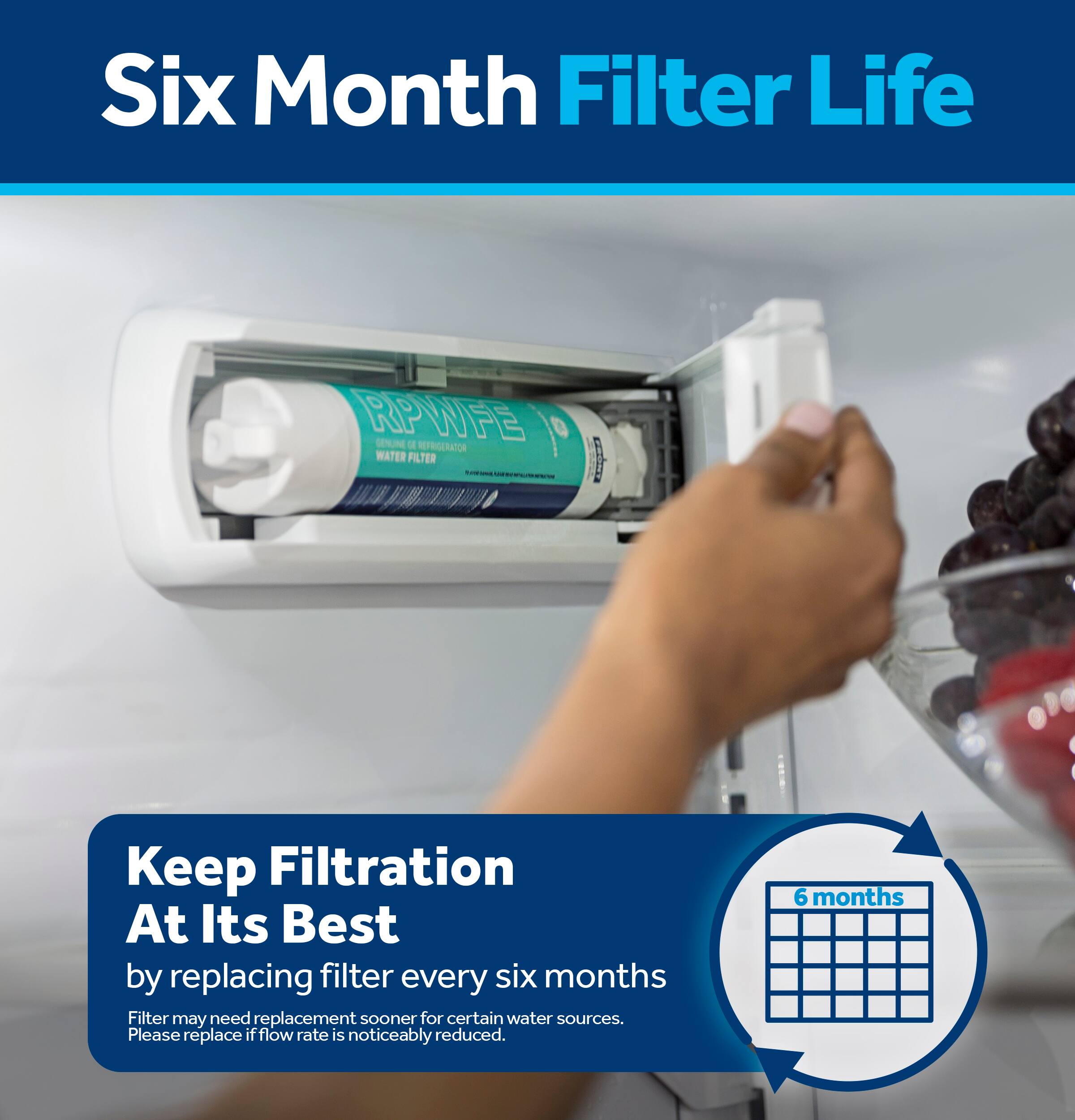 Six Month Filter Life  
RPWFE SERUME dE REFRIGERATOR WATER FILTER  
Keep Filtration At Its Best by replacing filter every six months  
Filter may need replacement sooner for certain water sources.  
Please replace if flow rate is noticeably reduced.  
6 months