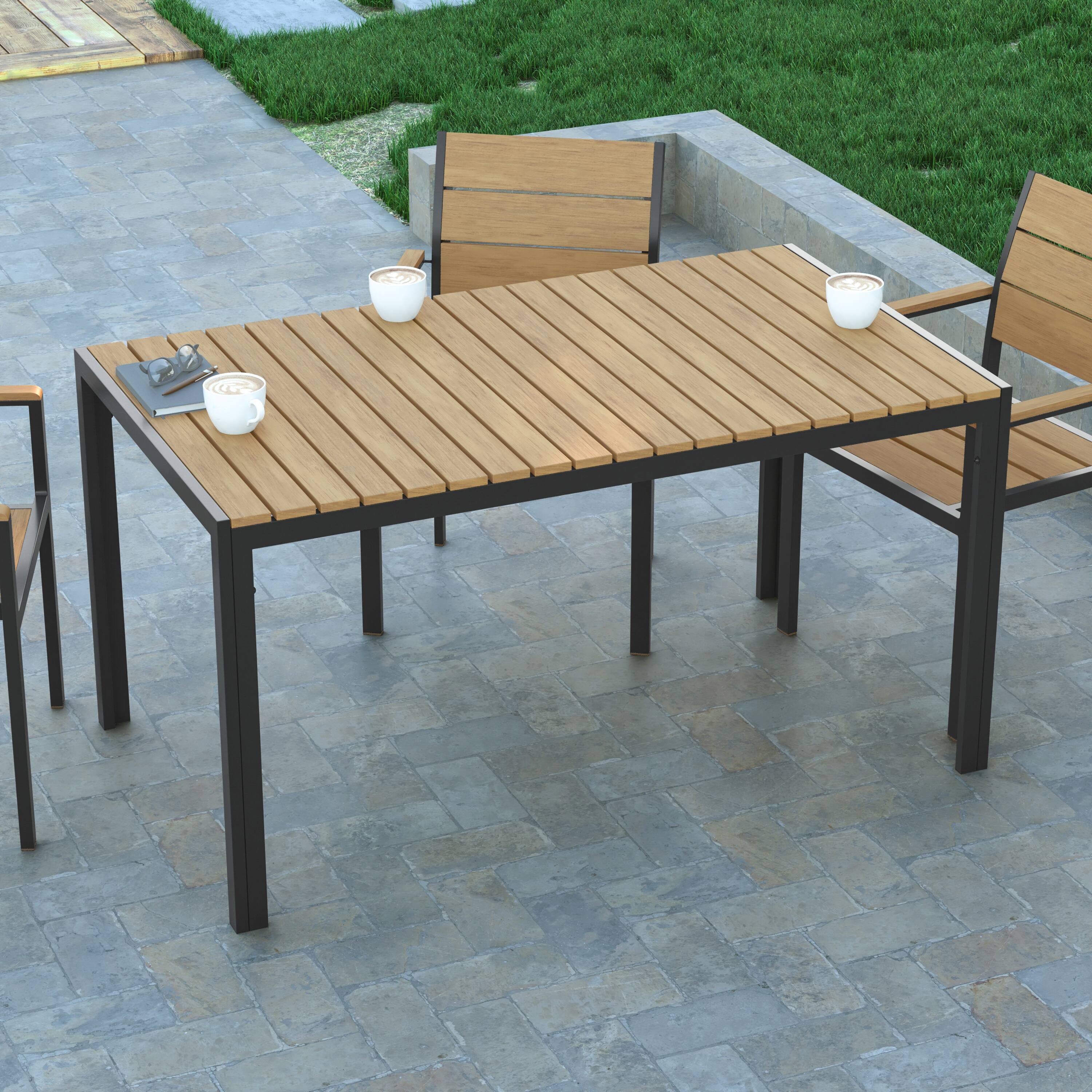 Alt View 3. Emma + Oliver - Fena 55" x 31" Outdoor Dining Table with Faux Teak Poly Slat Top and Metal Frame - Natural Top/Gray Frame.