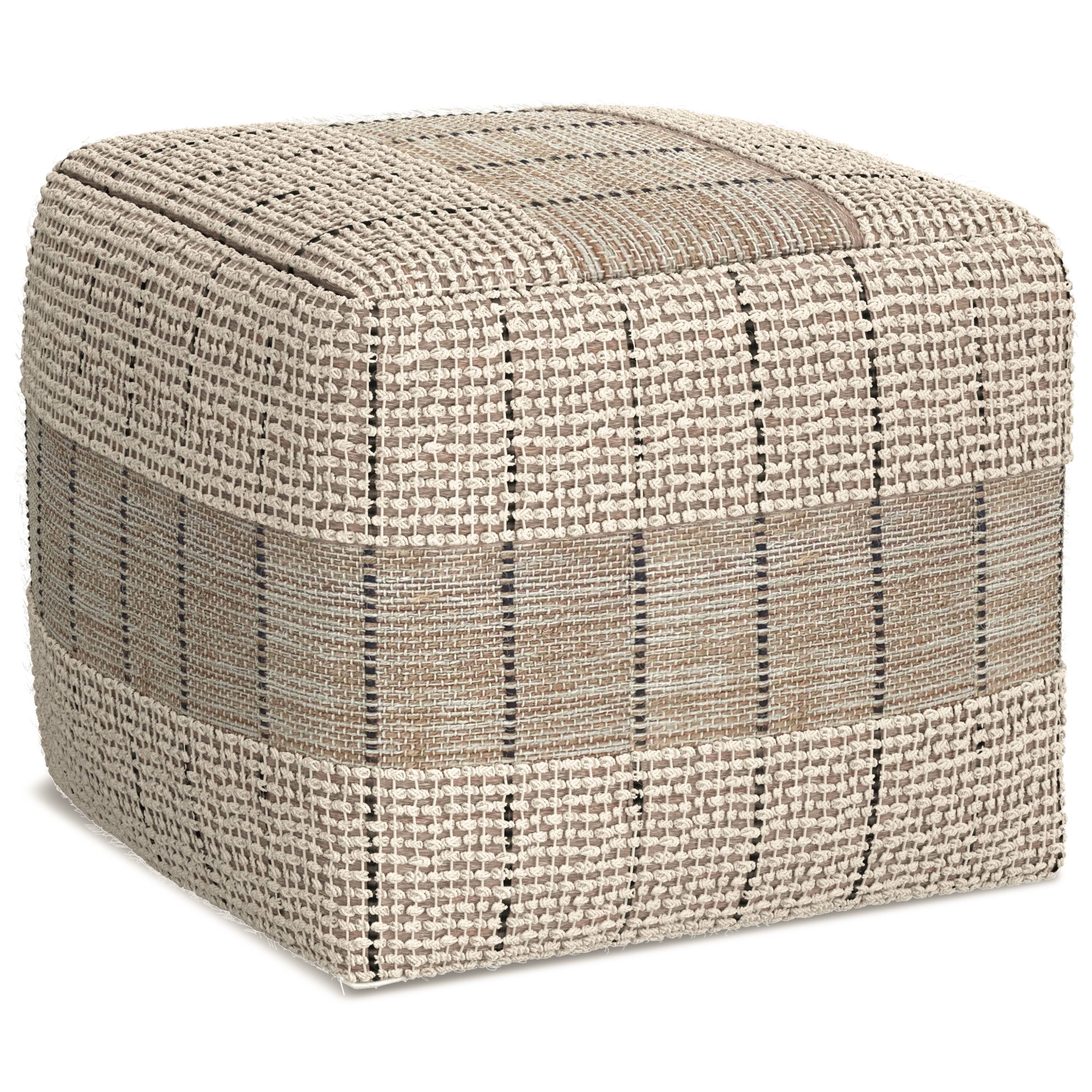 Alt View 1. Simpli Home - Elmer Contemporary Square Woven Pouf in Natural/Grey Jute, Cotton - Natural/Grey.