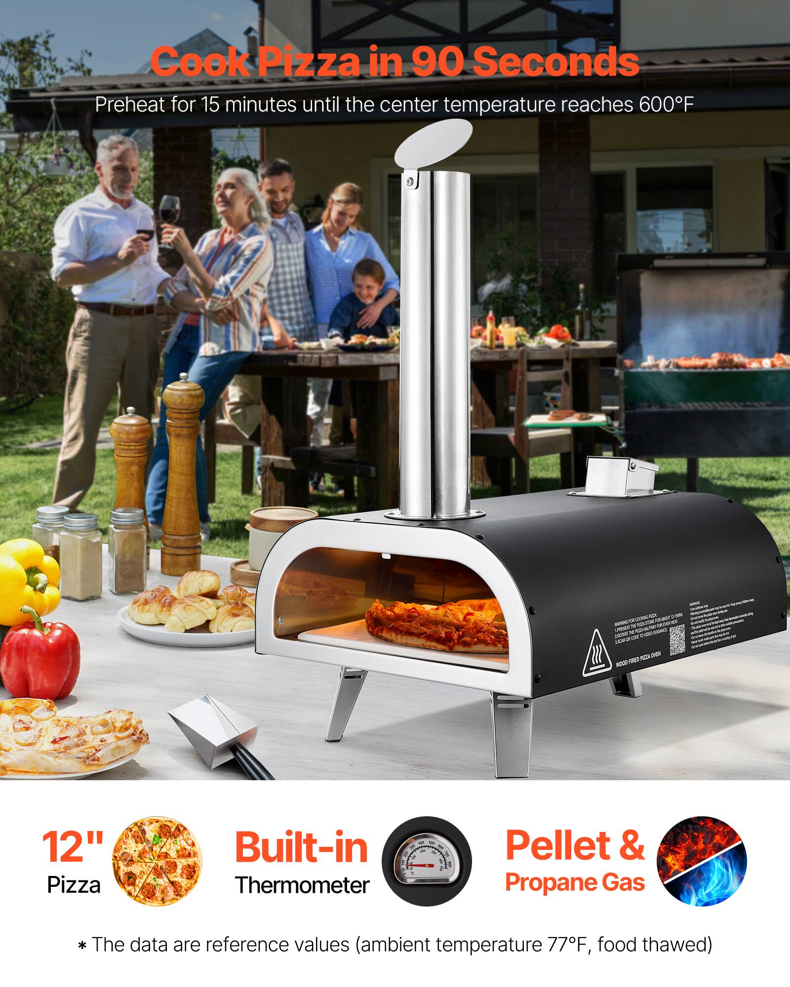 Cook Pizza in 90 Seconds  
Preheat for 15 minutes until the center temperature reaches 600°F  

12" Pizza  
Built-in Thermometer  
Pellet & Propane Gas  

*The data are reference values (ambient temperature 77°F, food thawed)
