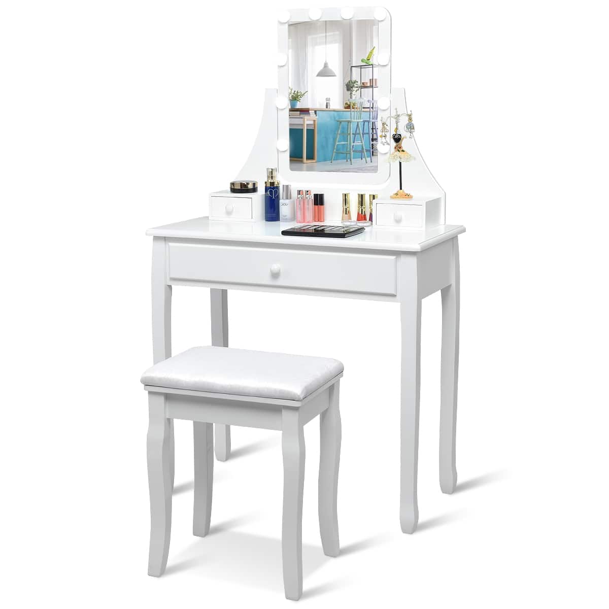 Front. Costway - Costway Vanity Table 10 Dimmable Bulbs Makeup Dressing Desk - White.