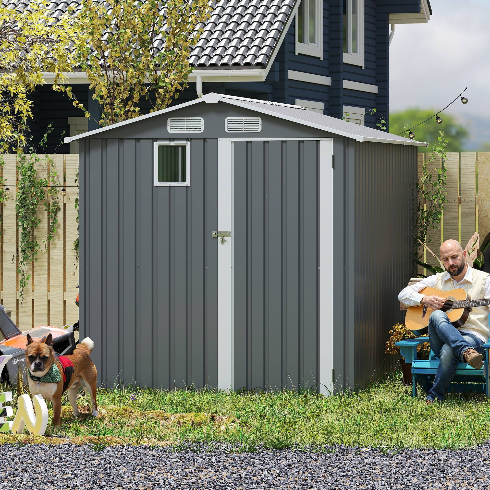 Angle. Mondawe - 6x8FT Outdoor Steel Storage Shed with Clear Window and Lockable Doors - Dark Gray.