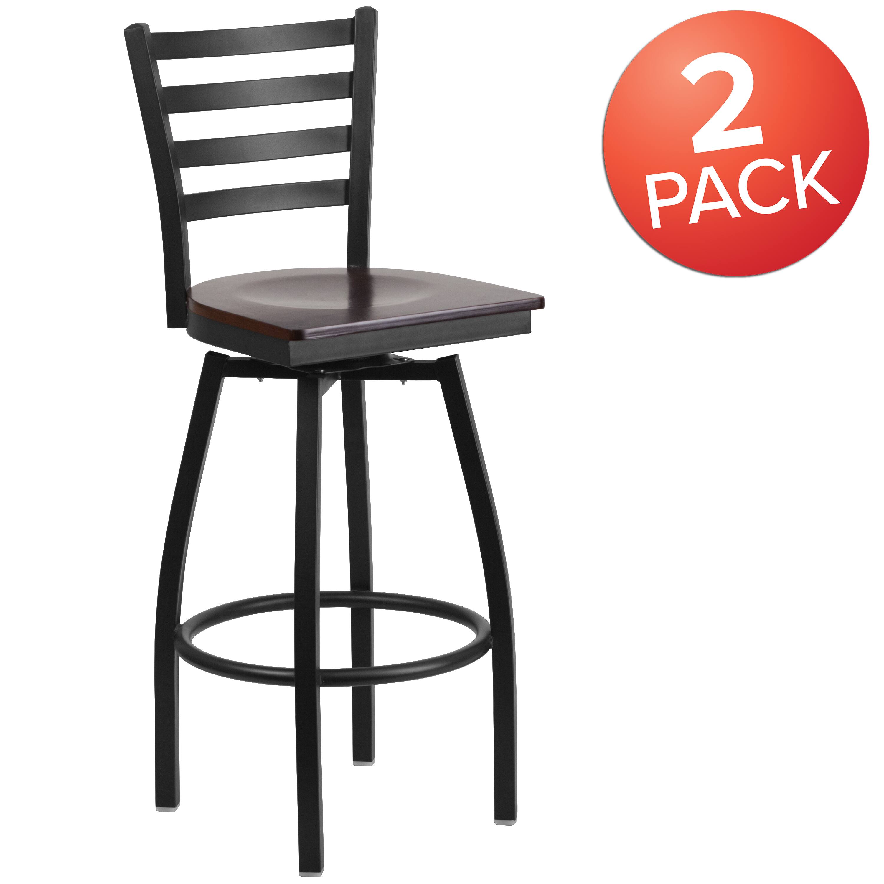 Alt View 1. Emma + Oliver - 2 Pack Ladder Back Swivel Metal Barstool - Walnut Wood Seat/Black Metal Frame.