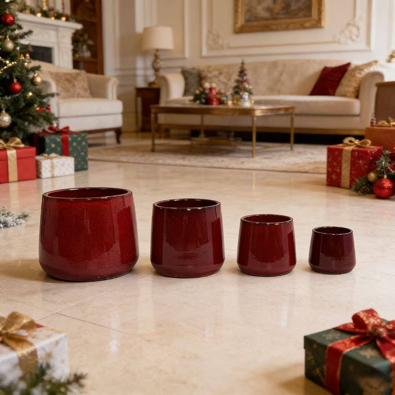 Back. Loheer - Loheer Ceramic Flower Pot Set, Handmade Red Glazed Planters, Set of 4 Breathable Clay Pots for Indoor Outdoor Flowers.