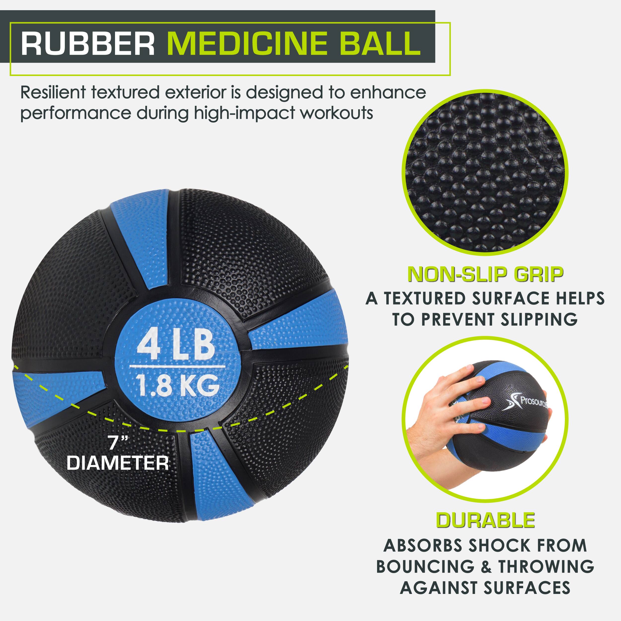 Rubber medicine ball, resilient textured exterior is designed to enhance performance during high-impact workouts, 4 LB 1.8 KG, non-slip grip, a textured surface helps to prevent slipping, 7" diameter, durable, absorbs shock from bouncing & throwing against surfaces.