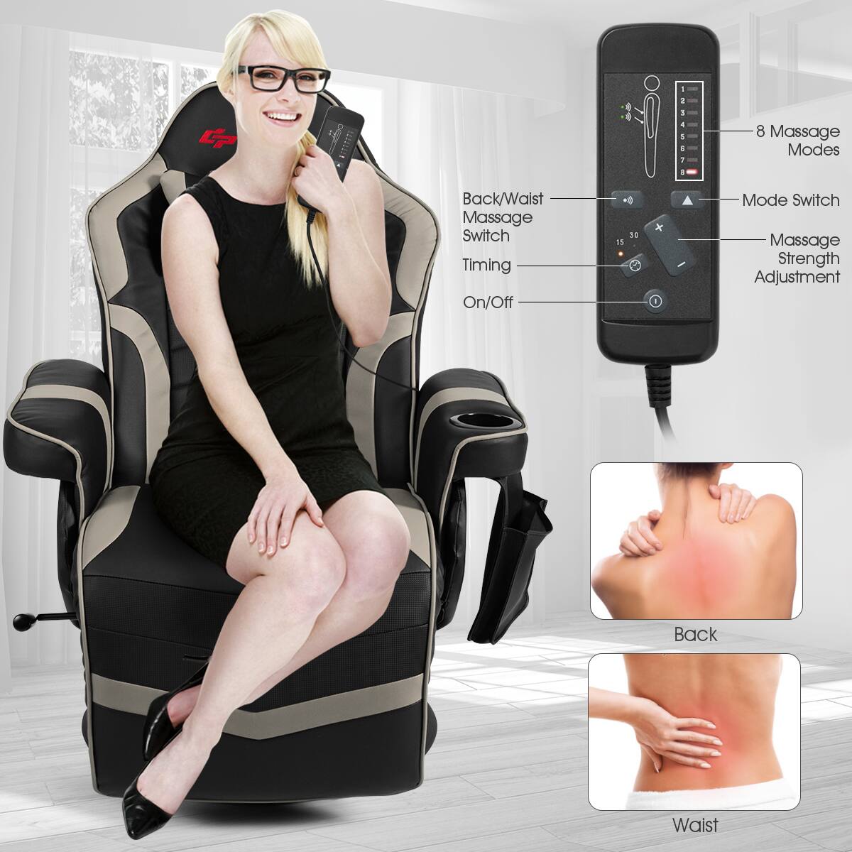 The image features a woman sitting in a massage chair, which has a remote control and a diagram explaining its functions. The massage chair has eight massage modes, including back and waist massage, and allows the user to switch between different massage modes. The chair also has a timing function, which can be set to 15 or 30 minutes, and a massage strength adjustment option. The diagram on the chair provides a clear explanation of these features, making it easy for the user to understand how to operate the massage chair.