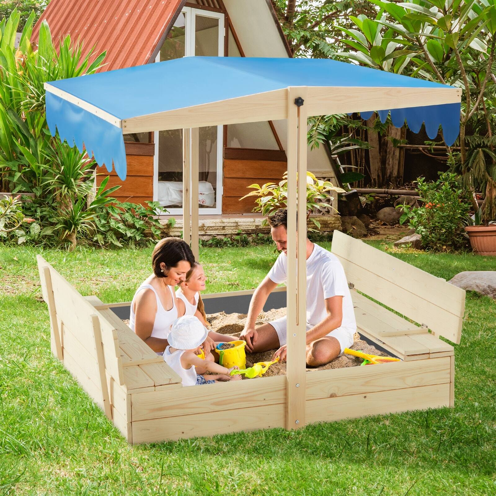 Angle. U-HOMY - Kids Wooden Sandbox with Adjustable Canopy, Foldable Bench Seats, and Weather-Resistant Cover - Blue.