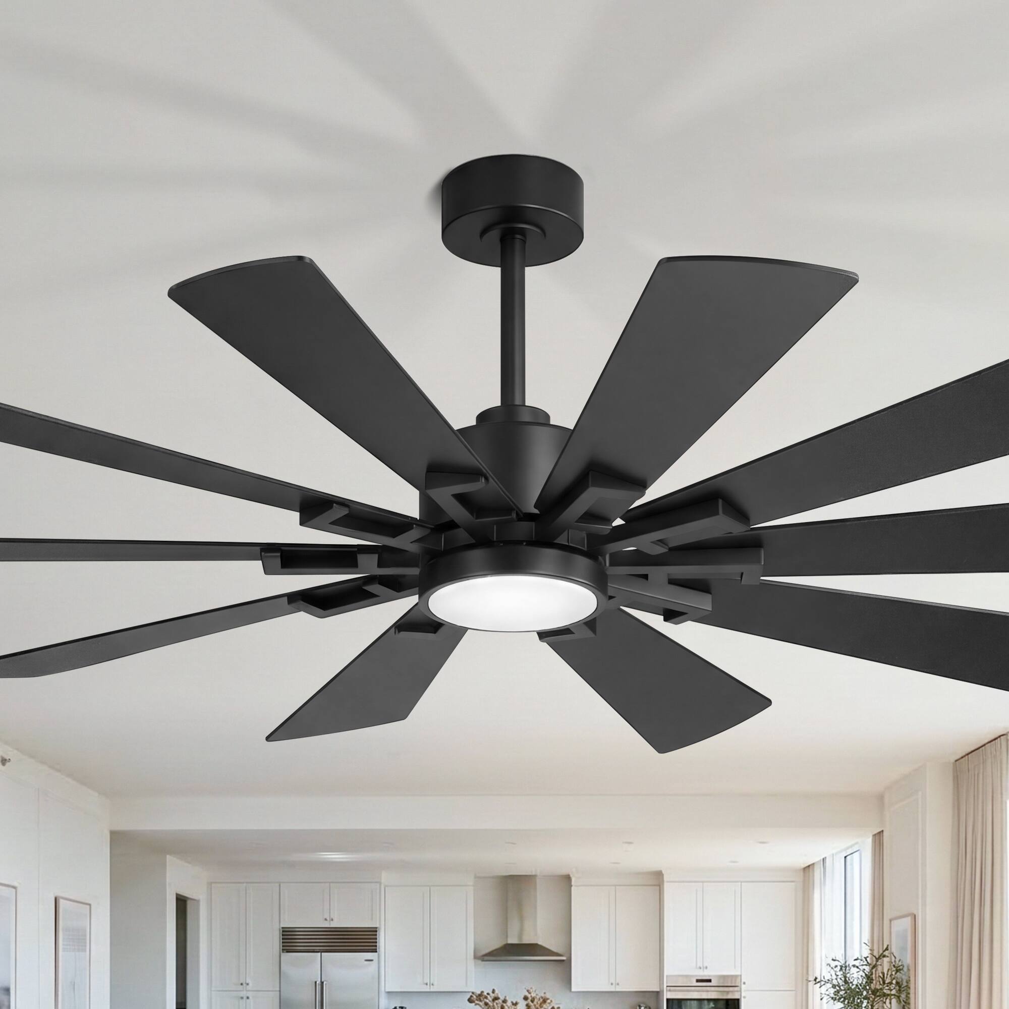 Left. Breezary - 72-Inch Extra-Large Ceiling Fan with 10 Plywood Blades, DC Motor, 6-Speed Remote, Tri-Color LED Light, Dual Downrods - Matte Black.