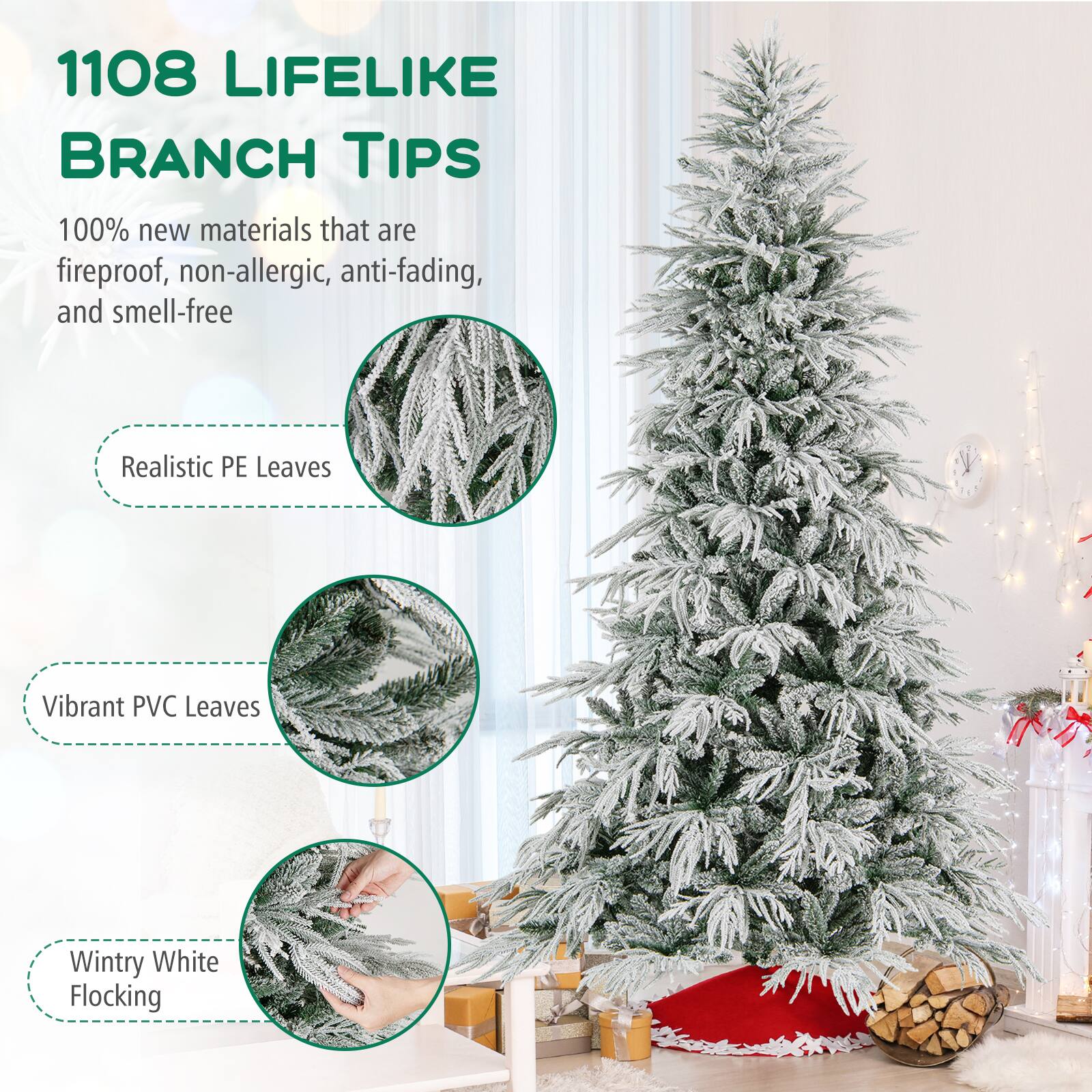 1108 LIFELIKE BRANCH TIPS

100% new materials that are fireproof, non-allergic, anti-fading, and smell-free

- Realistic PE Leaves
- Vibrant PVC Leaves
- Wintry White Flocking