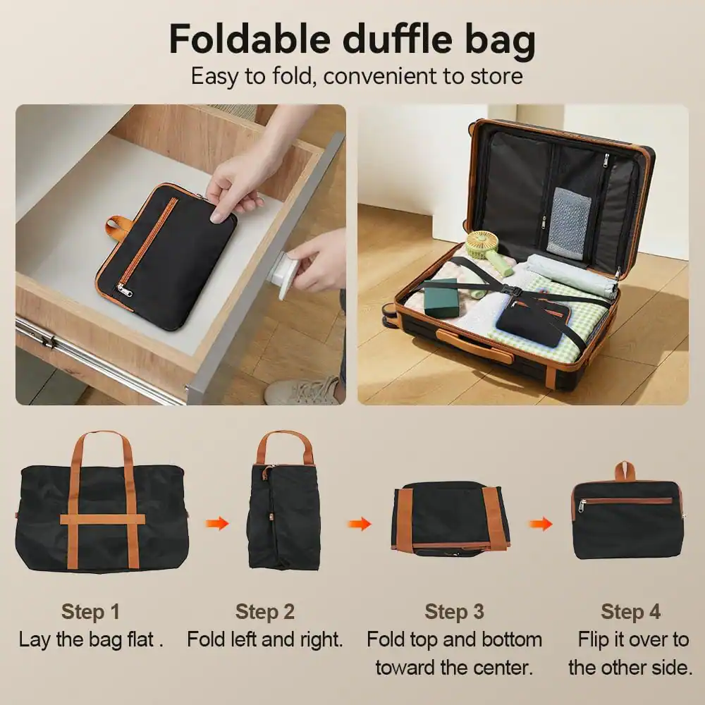 Foldable duffle bag  
Easy to fold, convenient to store  

Step 1: Lay the bag flat.  
Step 2: Fold left and right.  
Step 3: Fold top and bottom toward the center.  
Step 4: Flip it over to the other side.
