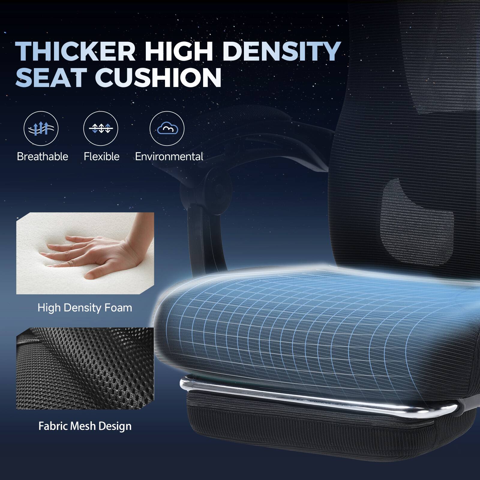 THICKER HIGH DENSITY SEAT CUSHION
Breathable
Flexible
Environmental
High Density Foam
Fabric Mesh Design