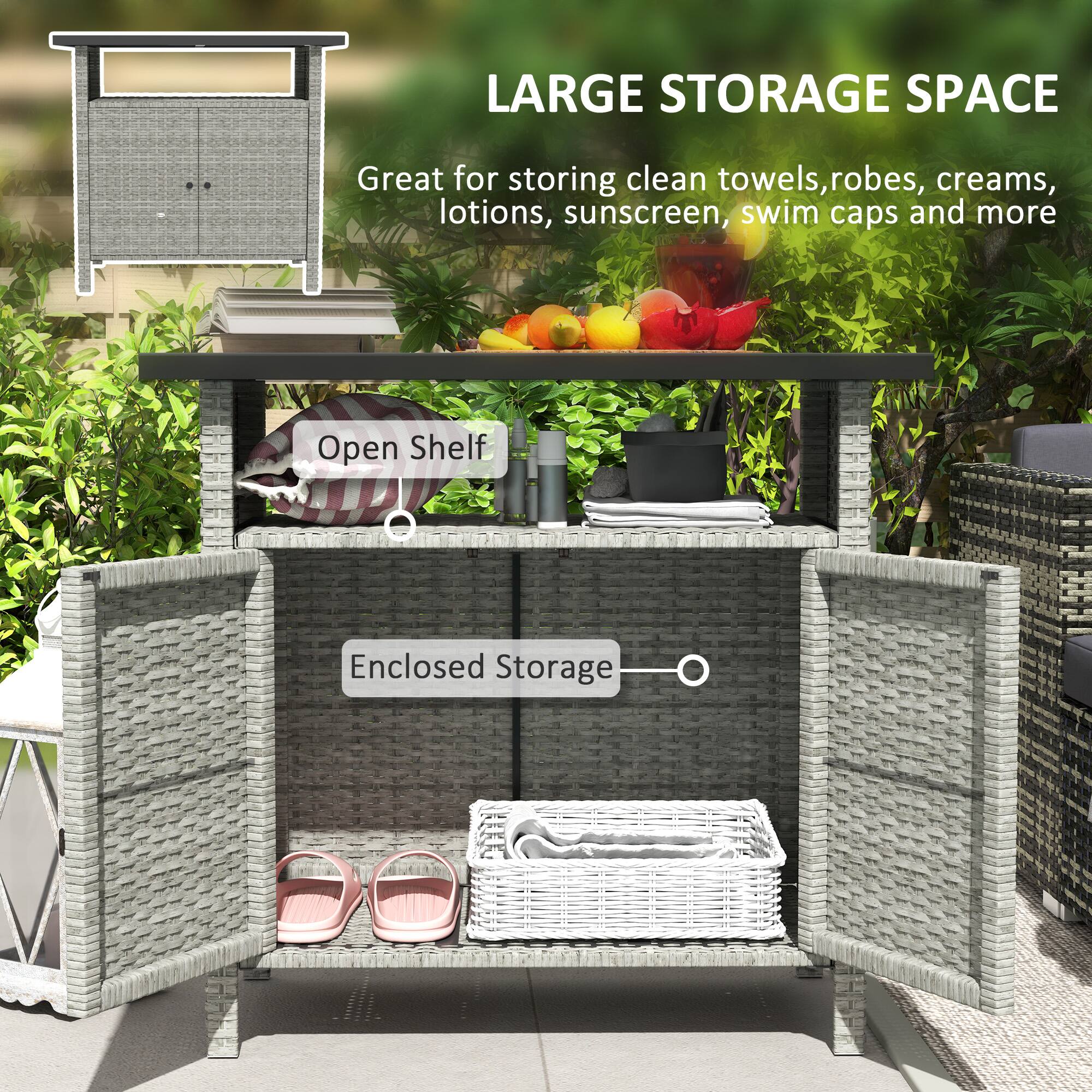 LARGE STORAGE SPACE
Great for storing clean towels, robes, creams, lotions, sunscreen, swim caps and more
Open Shelf
Enclosed Storage