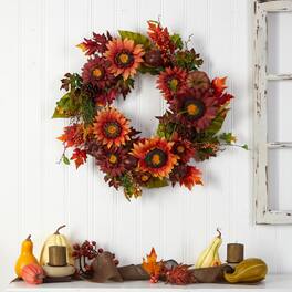 BreeBe - 24" Autumn Sunflower Pumpkin Pinecone and Berries Wreath - Green