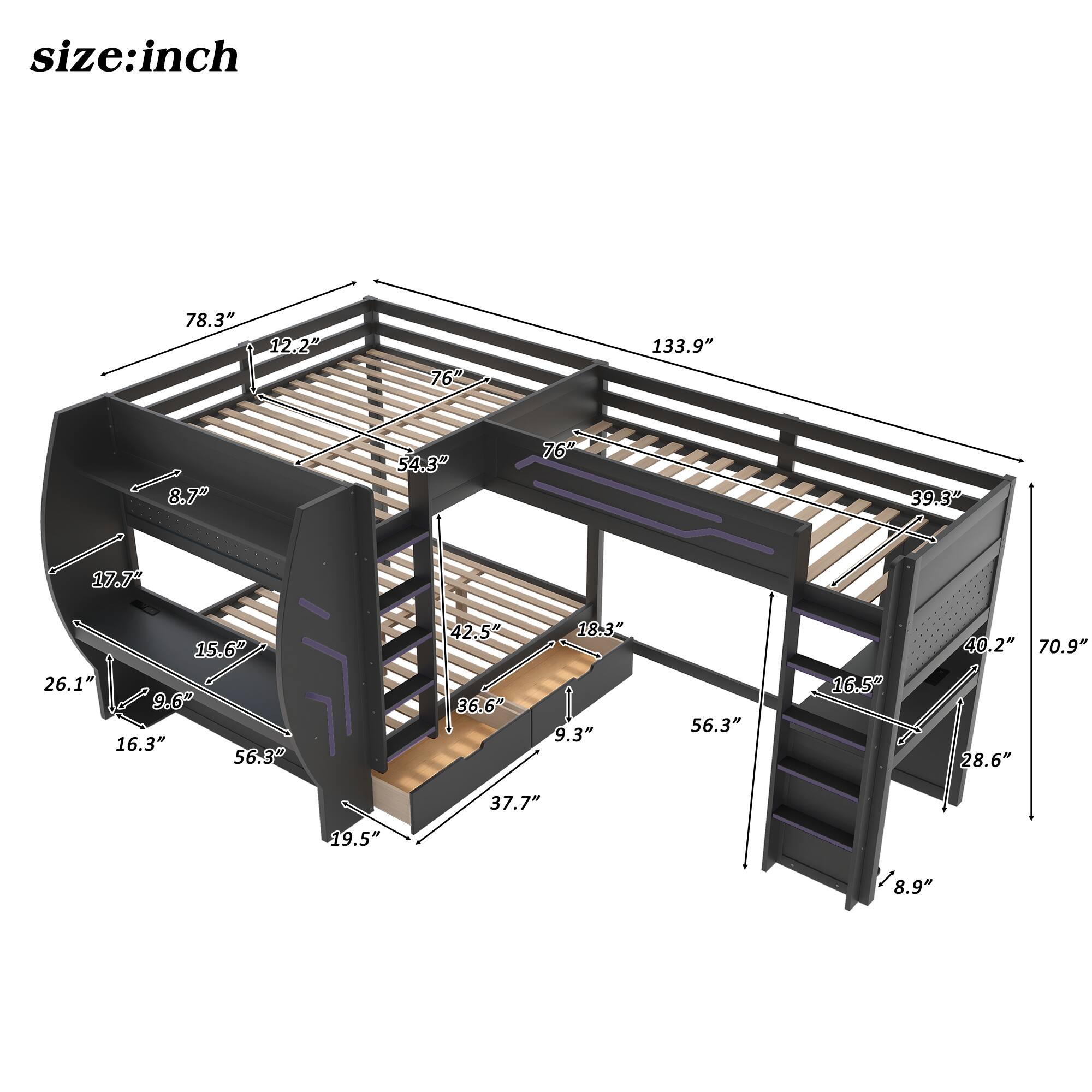 size: inch  
78.3" 12.2" 76" 133.9" 8.7" 54.3" 76" 39.3" 17.7" 15.6" 26.1" 9.6" 16.3" 56.3" 42.5" 36.6" 18-3" 9.3" 56.3" 16.5" 40.2" 70.9" 28.6" 37.7" 19.5" 8.9"