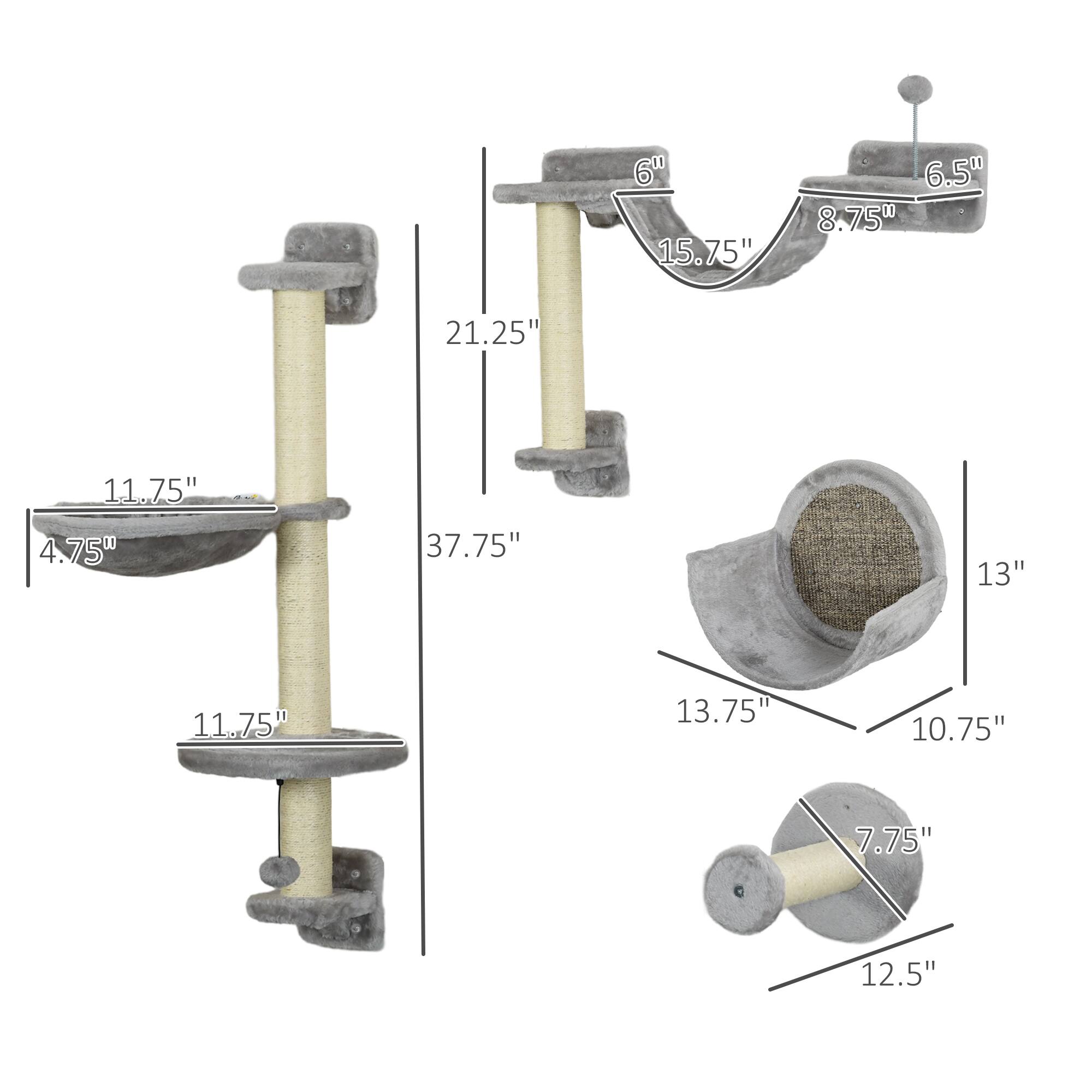 Left. Pawhut - 5 Piece Cat Wall Shelves, Wall Mounted with Hammock, Perches, Ladder, Scratching Posts, for Climbing and Relaxing - Gray.