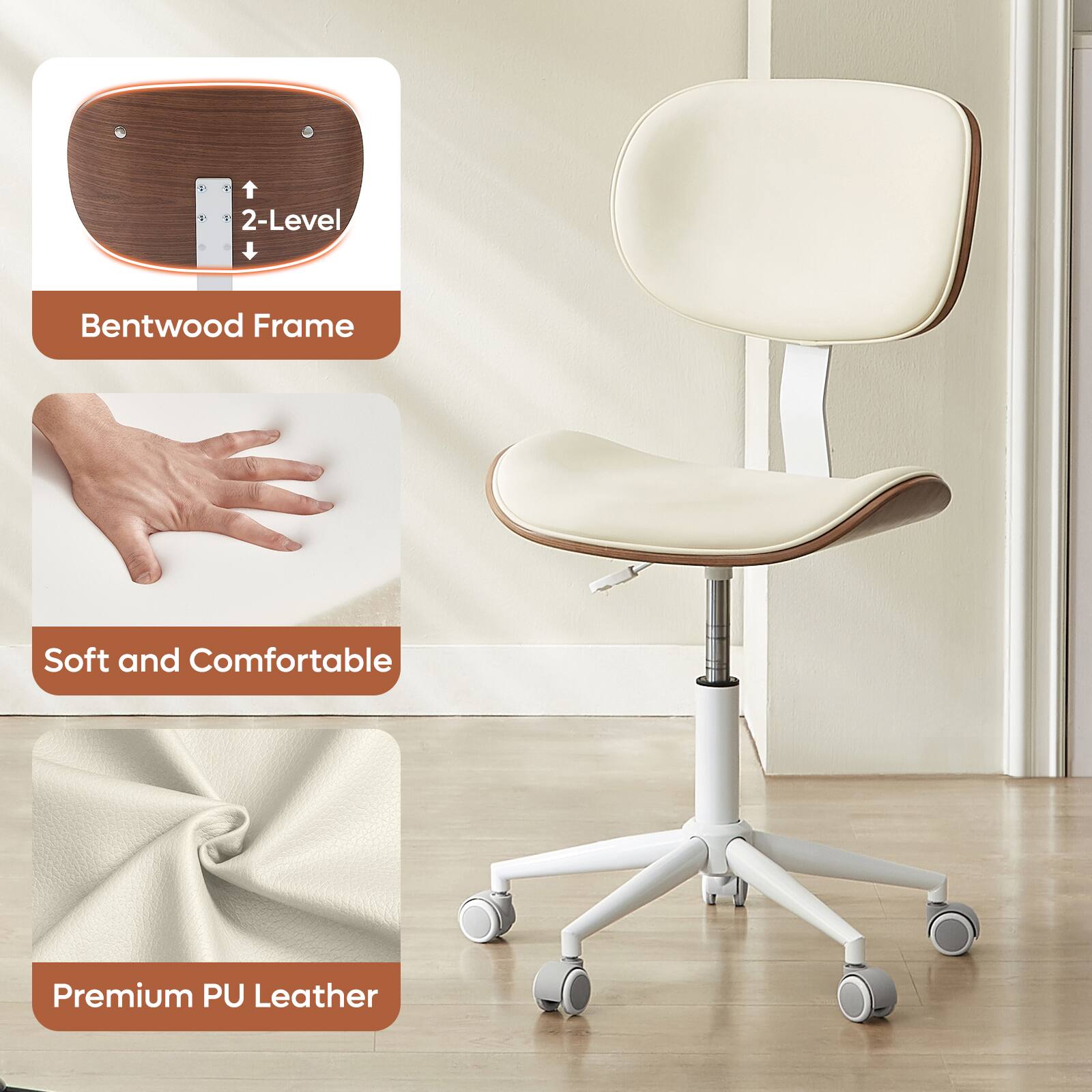 Bestier - Cross-Legged Bentwood Office Chair - Armless Ergonomic Design, Adjustable Height with Lumbar Support, PU Leather - White - Thumbnail 4