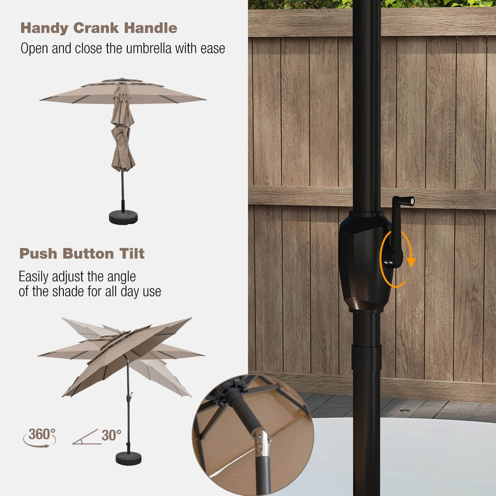 Handy Crank Handle Open and close the umbrella with ease
Push Button Tilt Easily adjust the angle of the shade for all day use
360 30