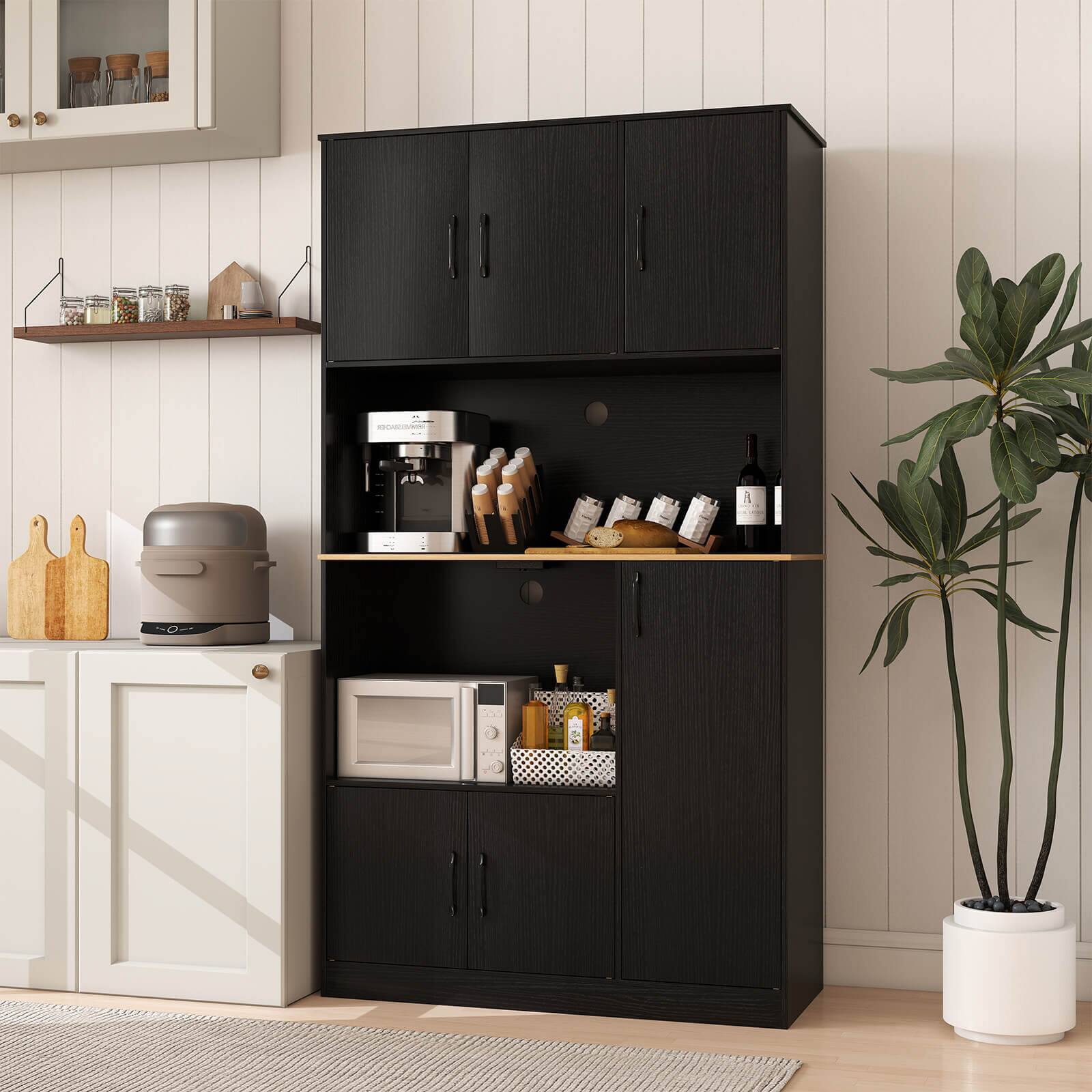 Alt View 1. Costway - Costway 71" Tall Kitchen Pantry Cabinet with Charging Station Microwave Stand & Doors - Black.