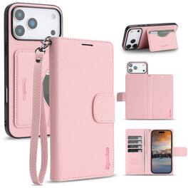 Dteck - 2-in-1 Detachable Wallet Case for Apple iPhone 17 Pro Max, RFID Faux Leather Shockproof Kickstand Cover with Wrist Strap - Pink