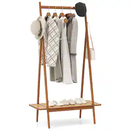 Costway - Bamboo Clothes Rack Clothing Rack with Hanging Rod Rattan Shelf & 5 Copper Hooks - Coffee