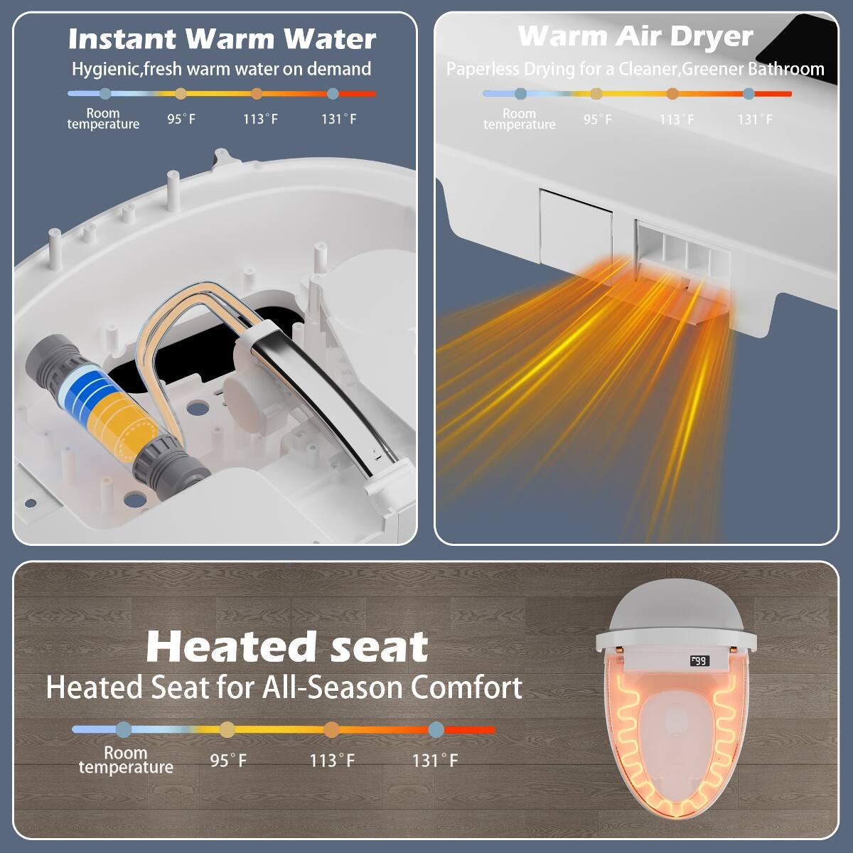 Instant Warm Water  
Hygienic, fresh warm water on demand

Warm Air Dryer  
Paperless Drying for a Cleaner, Greener Bathroom

Heated Seat  
Heated Seat for All-Season Comfort