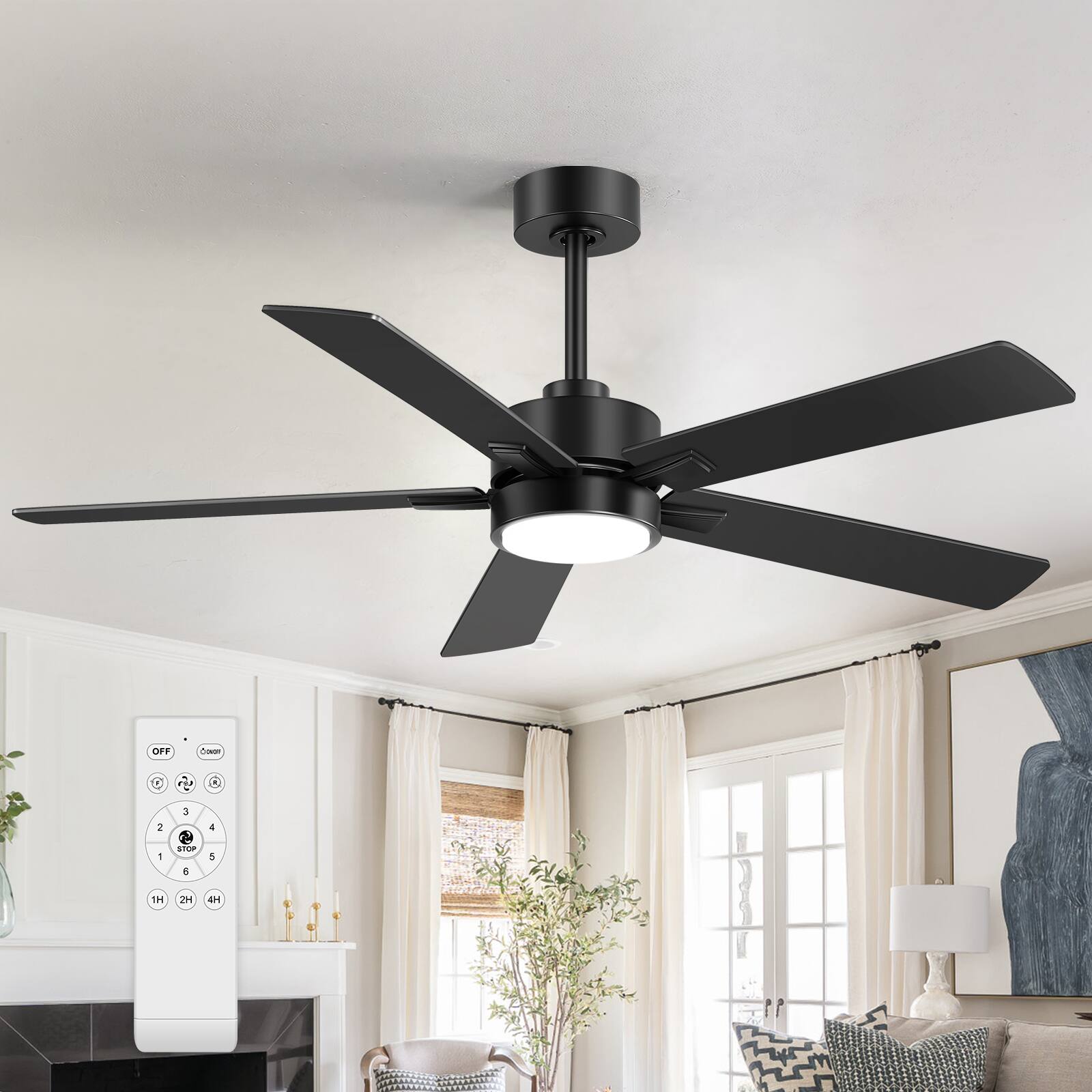 "Breezary - 52"" Modern Indoor Ceiling Fan with LED Light, 5 Reversible Plywood Blades, 6-Speed DC Motor, Remote, Timer, 5"" Downrod - All Black" price history on PriceWatchPro