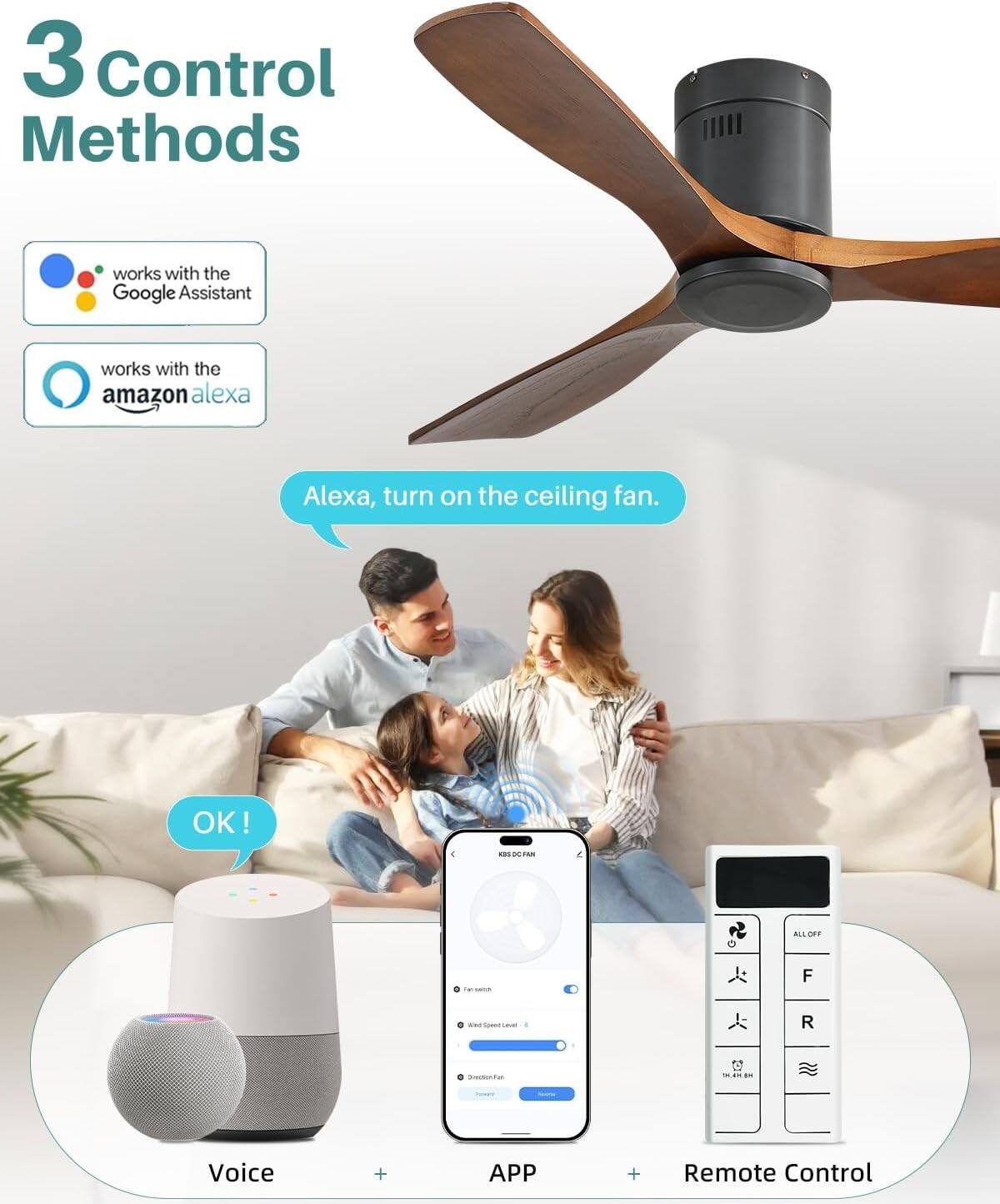 3 Control Methods

- works with the Google Assistant
- works with the amazon alexa

Alexa, turn on the ceiling fan.

OK!

Voice + APP + Remote Control