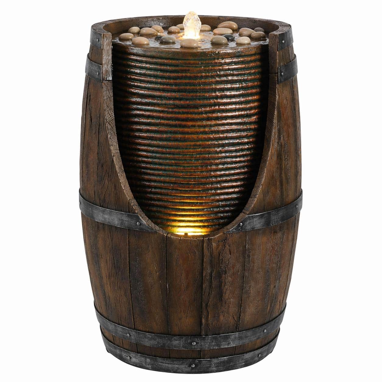 RYHNUYNE - Outdoor Barrel Water Fountain with LED Lights – Rustic Wood-Look Resin Waterfall Feature for Patio, Yard, Garden, Porch price history on PriceWatchPro