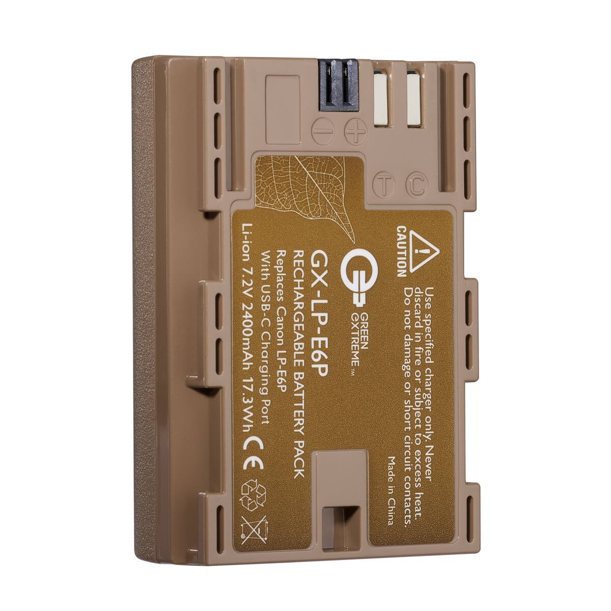 Li-ion With 7.2V USB-C 2400mAh Charging 17.3Wh Port  
Replaces Canon LP-E6P  
RECHARGEABLE BATTERY PACK  
GX-LP-E6P  
EXTREME  
GREEN  
Made in China  
CAUTION: Do not damage or short circuit contacts.  
! discard Use in specified fire or Iqns bject charger to only. excess Never heat.