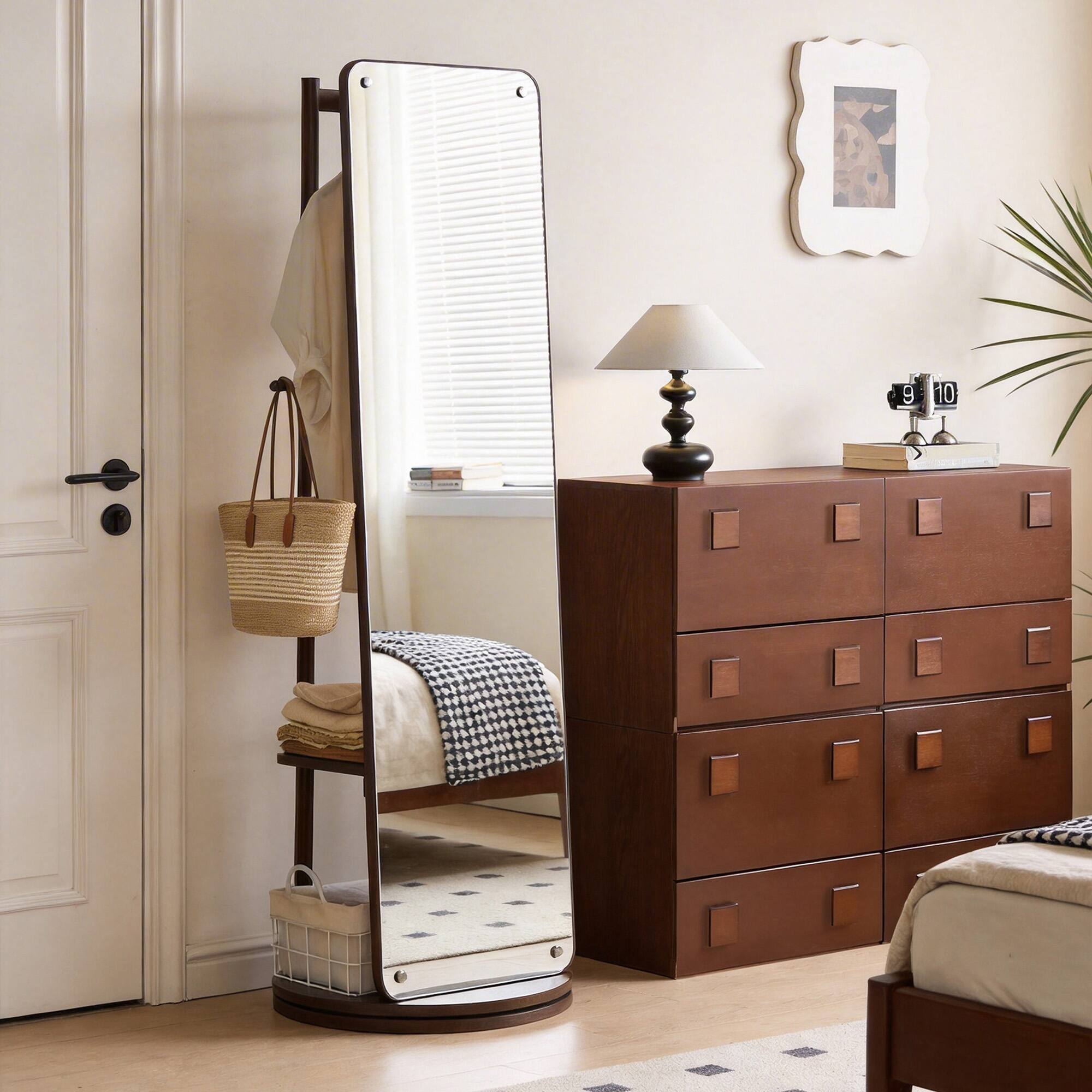 Angle. Whisen - 360° Rotating Full Length Standing Mirror with Integrated Coat Rack and Storage Shelves for Home - Walnut.
