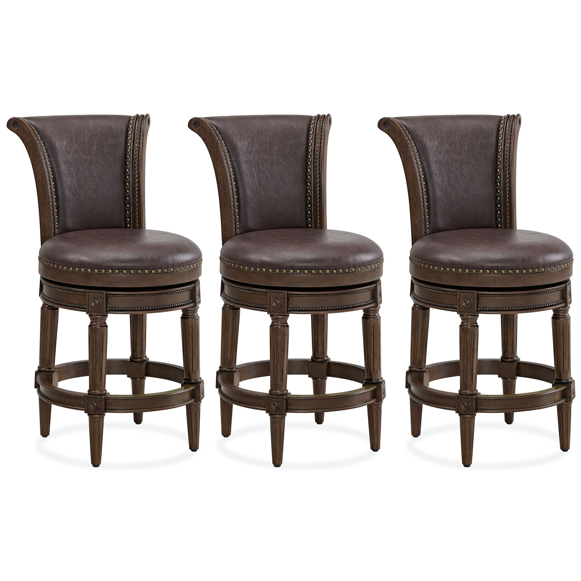 ROME + OAK - Runyan Counter Stool, Dark Walnut, Vintage Vegan Leather, Set of 3 - Brown