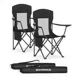 Songmics Home - Breathable Camping Chairs, Foldable Outdoor Chairs Set of 2, High Back, Adjustable Armrests, Drink Holder - Ink Black