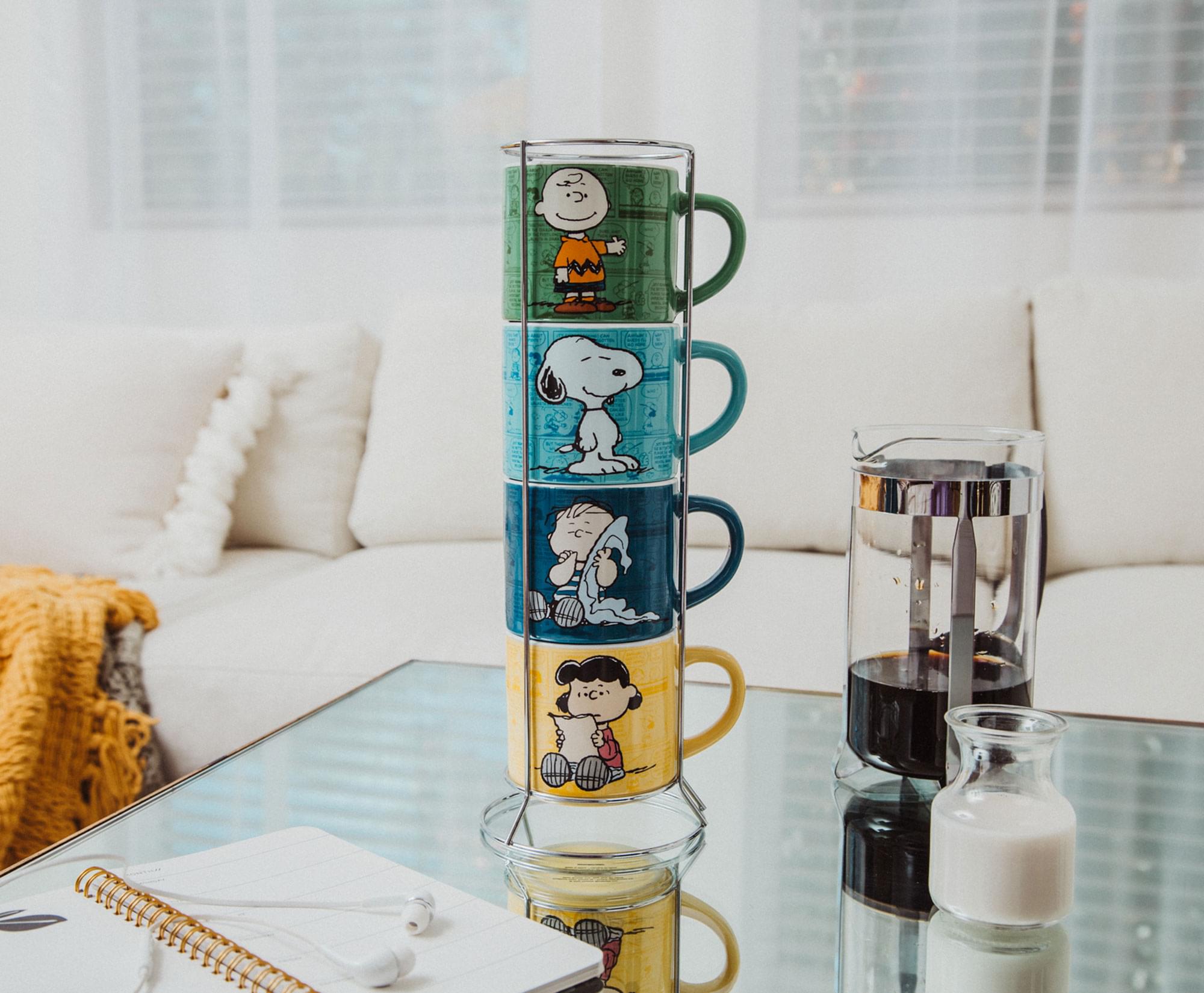 Alt View 3. Peanuts - Peanuts Characters Ceramic Stacking Mug Set With Rack | Each Holds 10 Ounces - Blue.