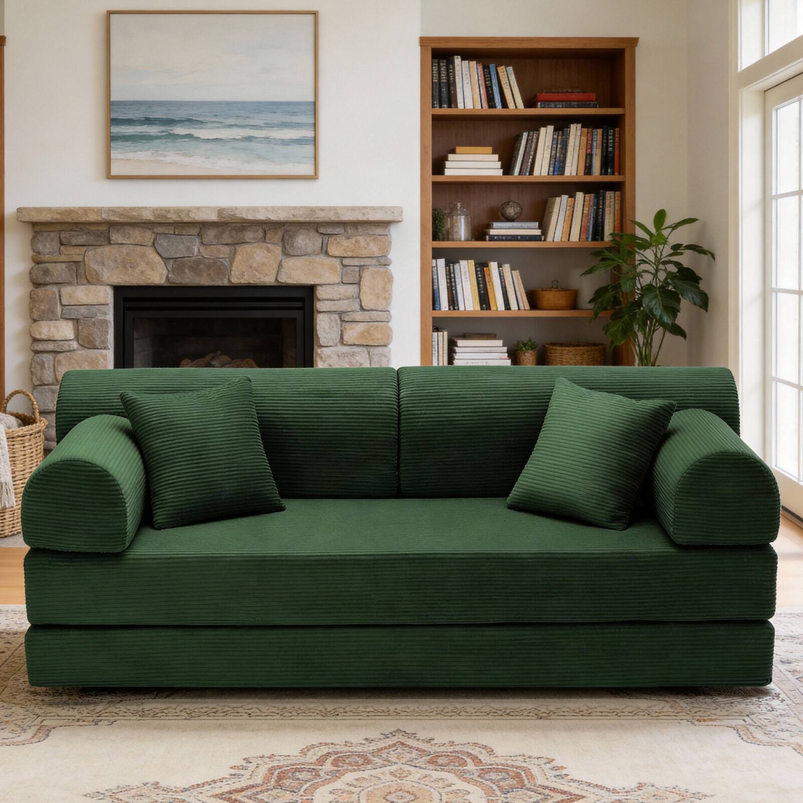 Left. Anysun - Corduroy Convertible Sleeper Sofa Bed - Folding Mattress Couch with Fixed Frame for Living Room & Bedroom - Green.
