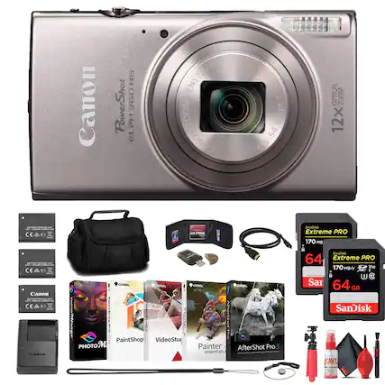 Canon PowerShot ELPH 360 HS
12x Optical Zoom
1:3.6-7.0 4.5-54.0
Canon Battery Pack
Canon USB Cable
Canon AC Adapter
Corel PaintShop Pro
Corel VideoStudio
Corel Painter Essentials 3
SanDisk Extreme PRO 64 GB 170 MB/s V30
Canon Camera Bag
Canon Cleaning Kit
Canon Lens Cleaning Spray