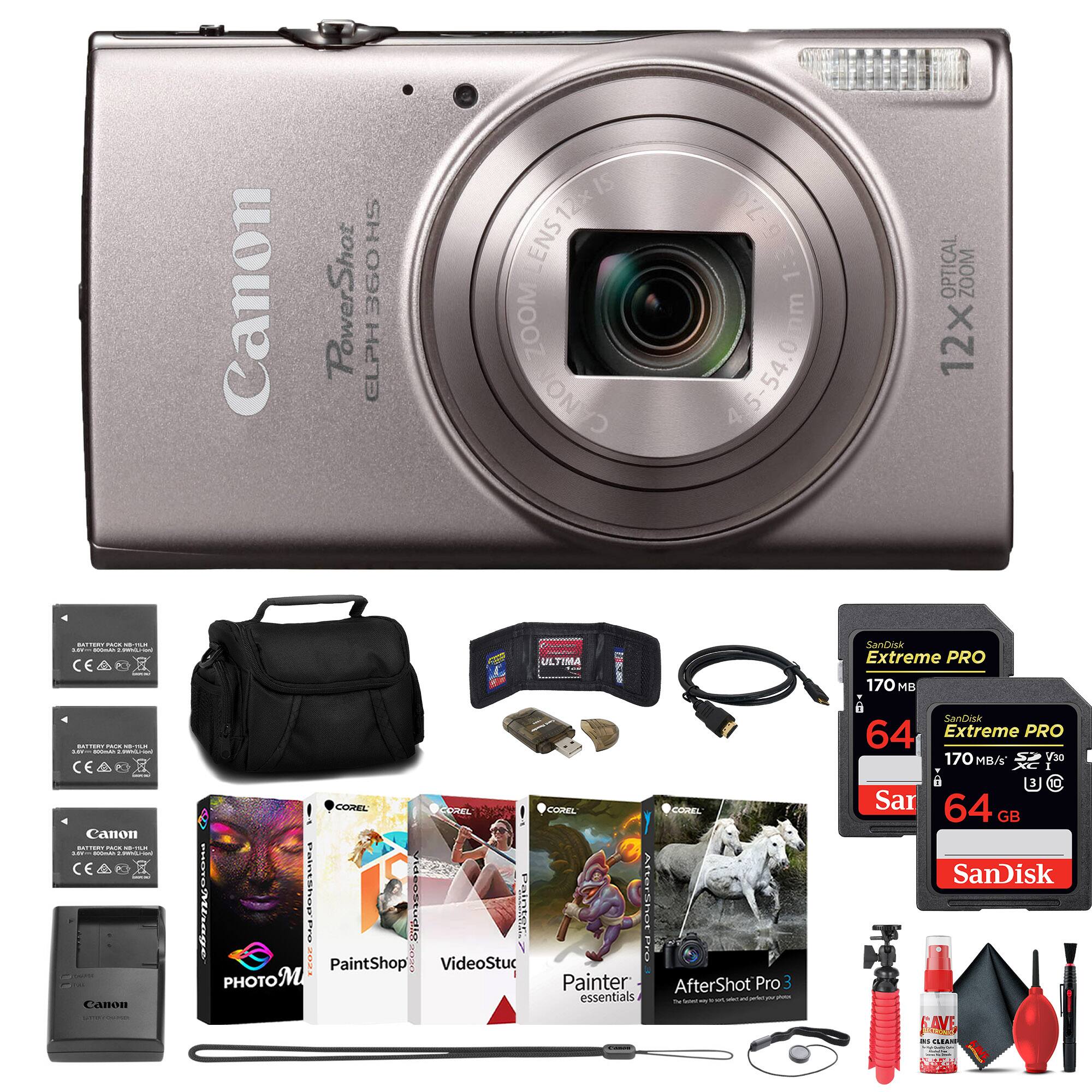 Canon PowerShot ELPH 360 HS  
12x Optical Zoom  
1:3.6-7.0 4.5-54.0  

Canon Battery Pack  
Canon USB Cable  
Canon AC Adapter  

Corel PaintShop Pro  
Corel VideoStudio  
Corel Painter Essentials 3  

SanDisk Extreme PRO 64 GB 170 MB/s V30  

Canon Camera Bag  
Canon Cleaning Kit  
Canon Lens Cleaning Spray