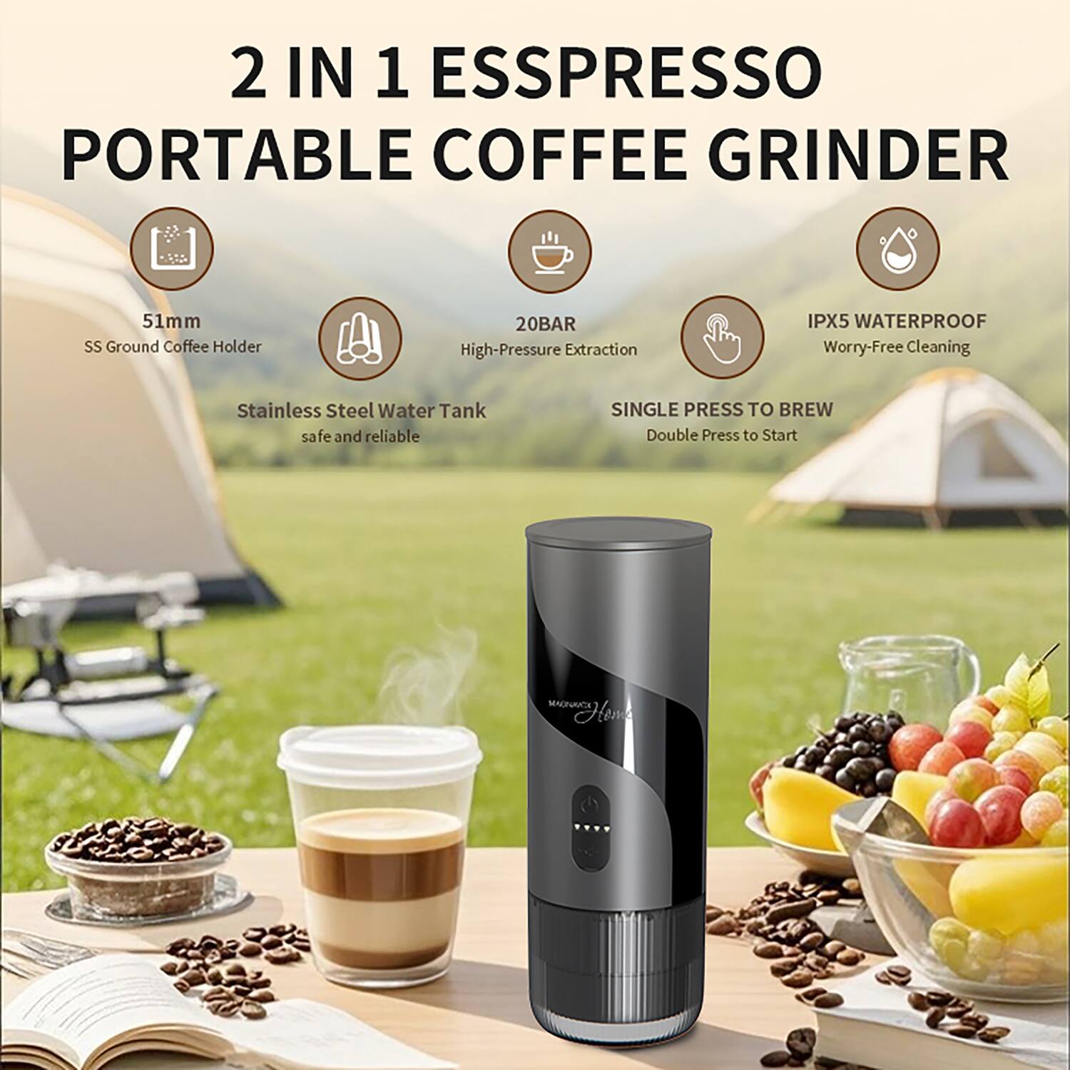 2 IN 1 ESPRESSO PORTABLE COFFEE GRINDER

51mm SS Ground Coffee Holder

20BAR High-Pressure Extraction

IPX5 WATERPROOF Worry-Free Cleaning

Stainless Steel Water Tank safe and reliable

SINGLE PRESS TO BREW Double Press to Start

MADRACX Heme