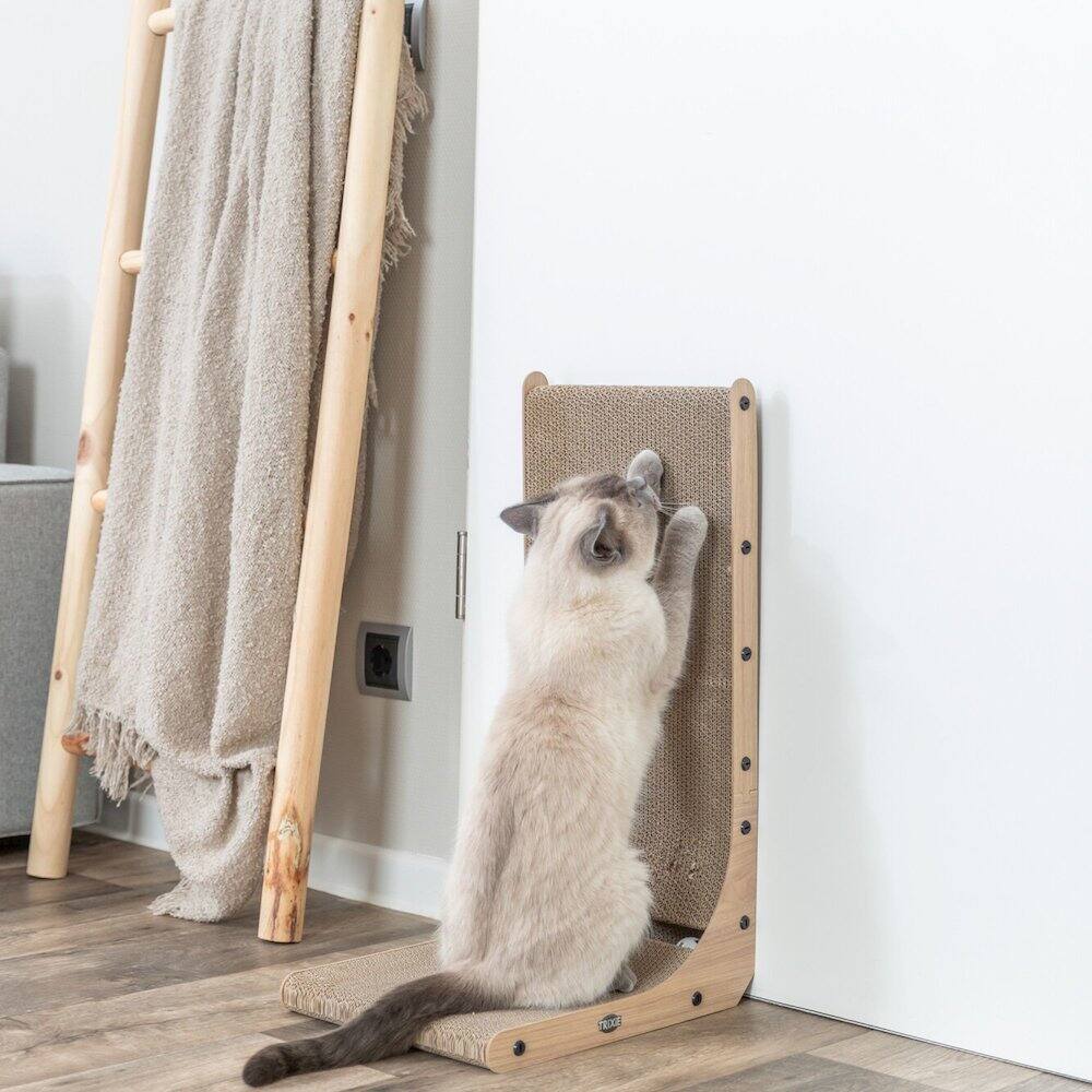 Angle. TRIXIE - 25.6" L-Shaped Cat Scratching Board Catnip & Silvervine with Built-In Ball Toy - Natural.