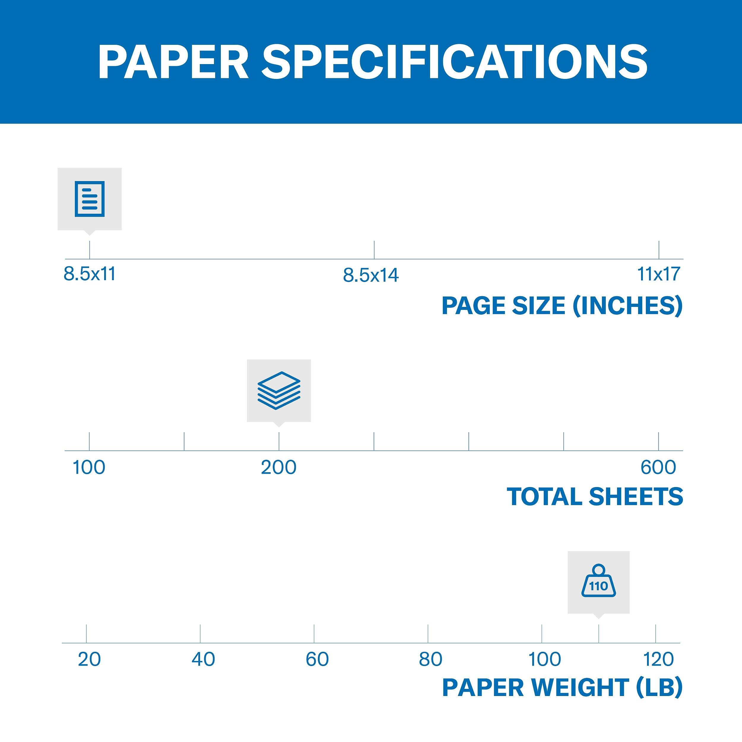 PAPER SPECIFICATIONS

8.5x11  
8.5x14  
11x17  
PAGE SIZE (INCHES)

100  
200  
600  
TOTAL SHEETS

110  
20  
40  
60  
80  
100  
120  
PAPER WEIGHT (LB)