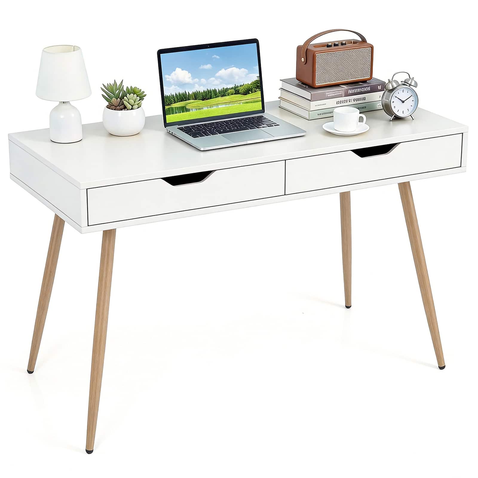 Gymax - 43.5'' Writing Desk w/2 Drawers Anti-Tipping Kits & Solid Rubber Wood Legs - White
