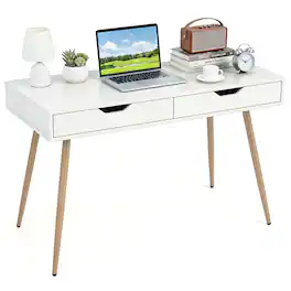 Gymax - 43.5'' Writing Desk w/2 Drawers Anti-Tipping Kits & Solid Rubber Wood Legs - White