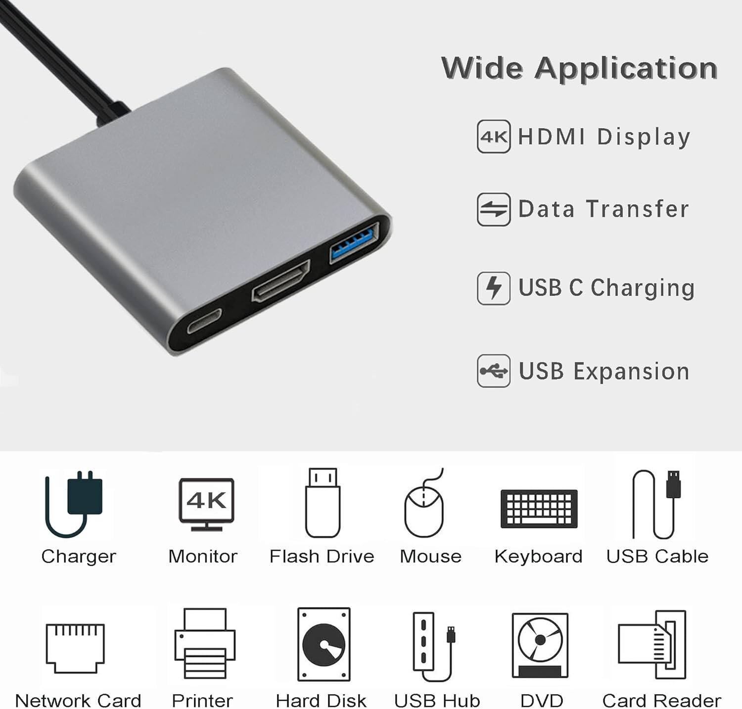 Wide Application  
4K HDMI Display  
Data Transfer  
USB C Charging  
USB Expansion  

Charger  
Monitor  
Flash Drive  
Mouse  
Keyboard  
USB Cable  
Network Card  
Printer  
Hard Disk  
USB Hub  
DVD  
Card Reader
