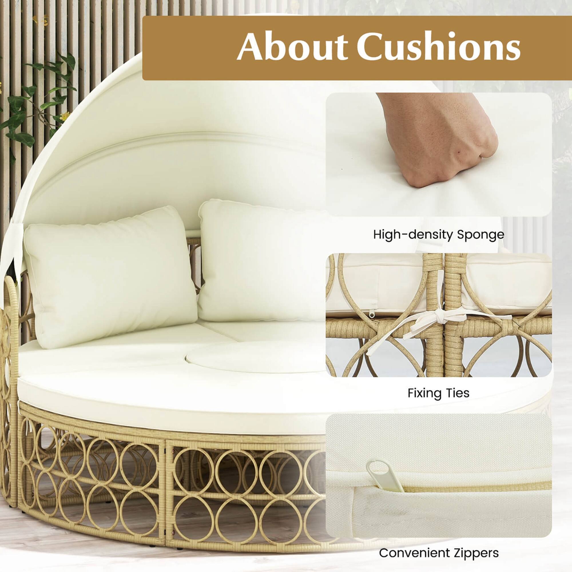 About Cushions: High-density Sponge, Fixing Ties, Convenient Zippers